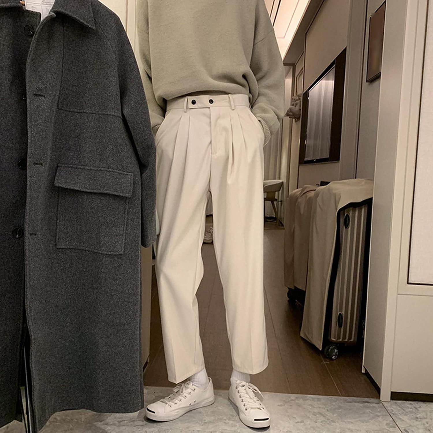 Men Straight Barrel Vintage Crop Suit Pants Comfort Classic Fit Pleat Front Pant Hidden Expandable Waist Pant