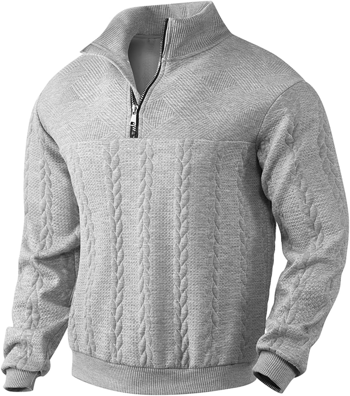Mens Quarter Zip Sweater Men Quilted Sweatshirt Pullover Knit Long Sleeve Mock Neck Sweatshirt - Image 7