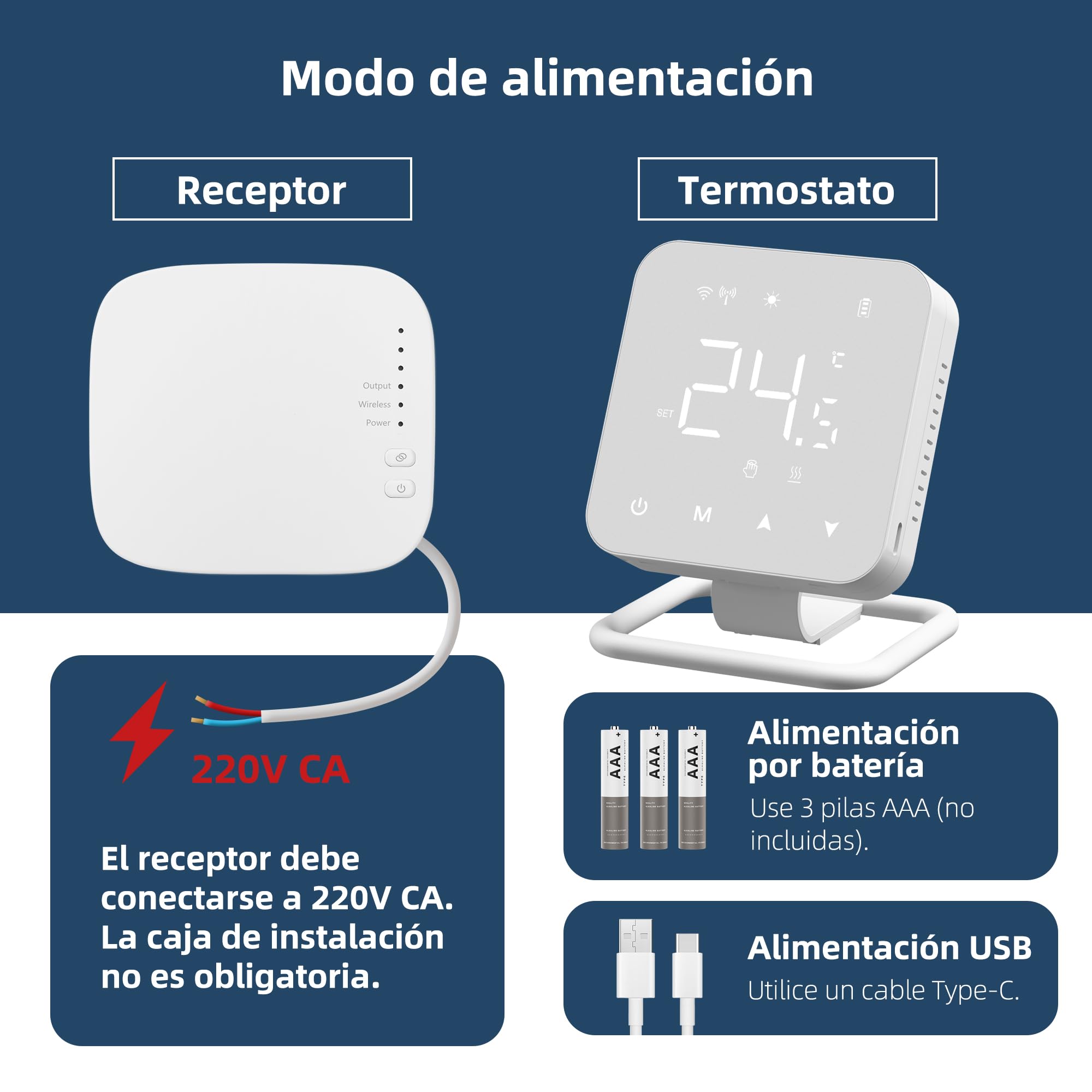 Termostato Wi-Fi con batería. Apto para calderas de Gas y válvulas. Termostato programable Diariamente Compatible con Alexa y Google Assistant. Control Tuya Alimentado por USB y con Receptor.