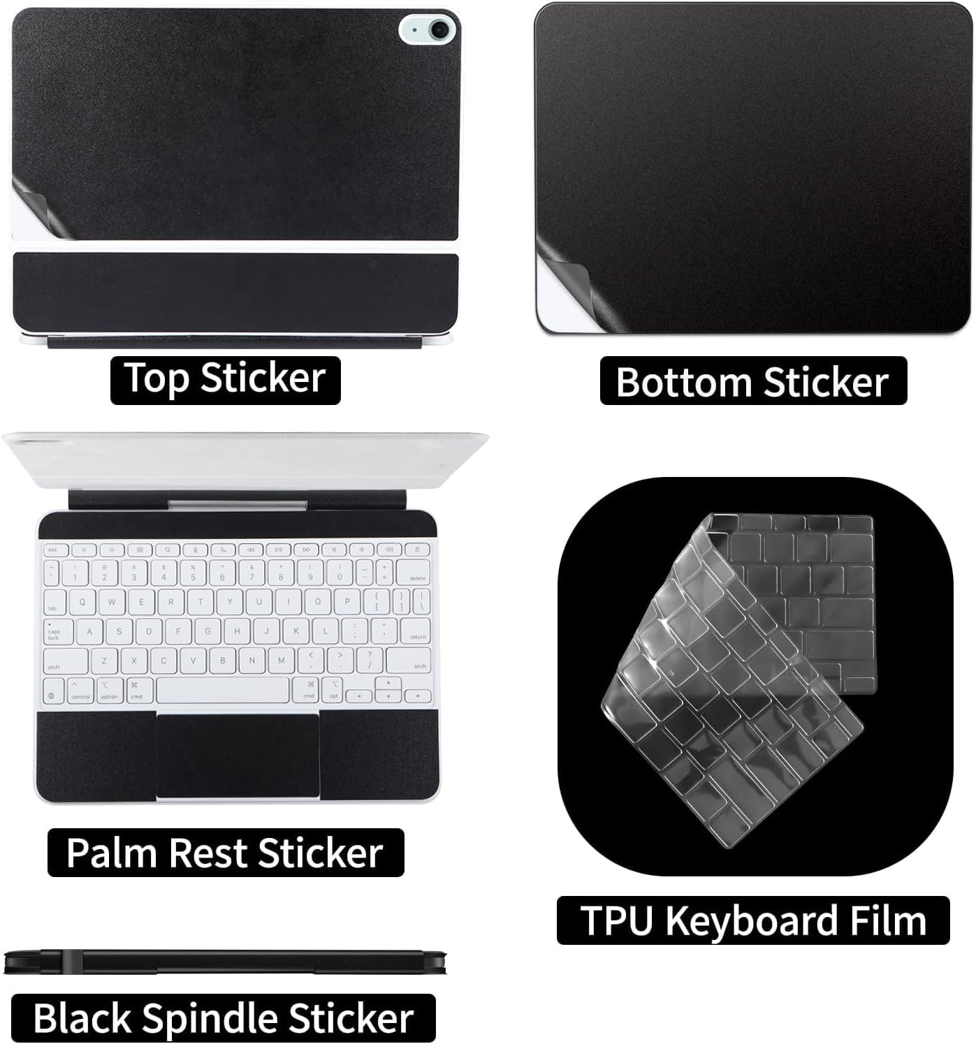 Vinyl Skin Stickers for 2026 2025 iPad Air M4 M3 13 inch Magic Keyboard 5-Piece Self-Adhesive,Pre-Cut Decal Cover Full Body wrap Protection (Top+Bottom+Trackpad+Hinge+Keyboard Cover)（Black）
