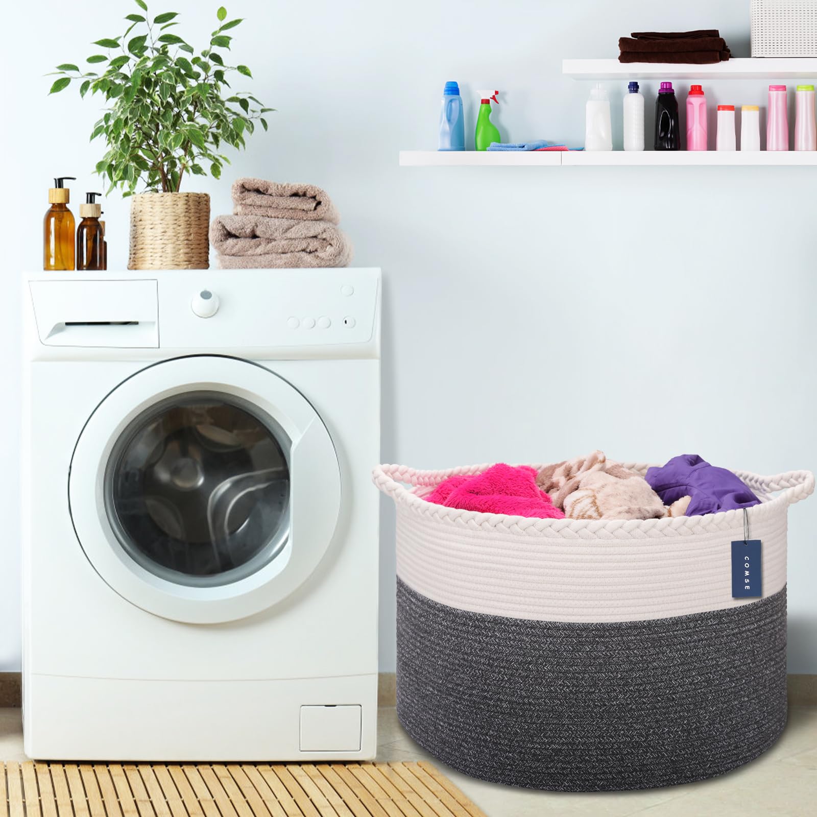 COMSE Cesto extra grande para mantas, cesta de almacenamiento, cesta de cuerda para la colada, 55 x 35 cm, cesta de cuerda de algodón, cesta de ropa XXXL, cestas para ropa, color blanco y negro