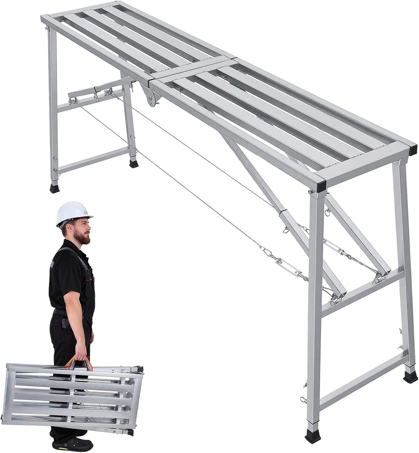 4-Level Height Adjustable Scaffolding Platform Folding Work Bench, 55.12"/70.87" Length, Portable Heavy Duty 900 Lbs Load Capacity with Non-Slip Foot Pads for Construction 180cm