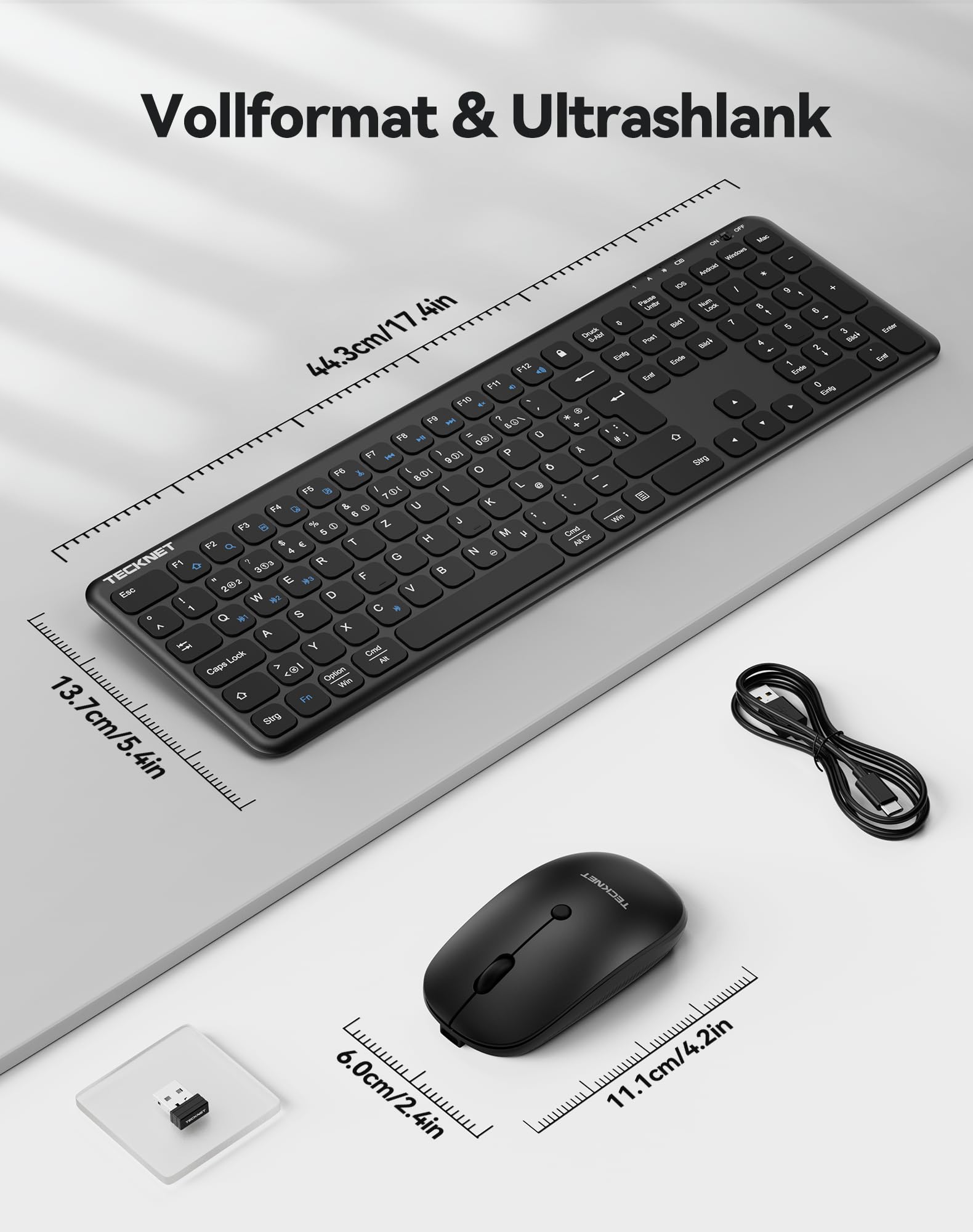 TECKNET Tastatur Maus Set Kabellos - Wiederaufladbare Ultradünne Bluetooth Tastatur mit Maus, Deutsches QWERTZ-Layout, 2.4 GHz Leise Funktastatur mit Maus für Mac, Windows, Laptop, PC