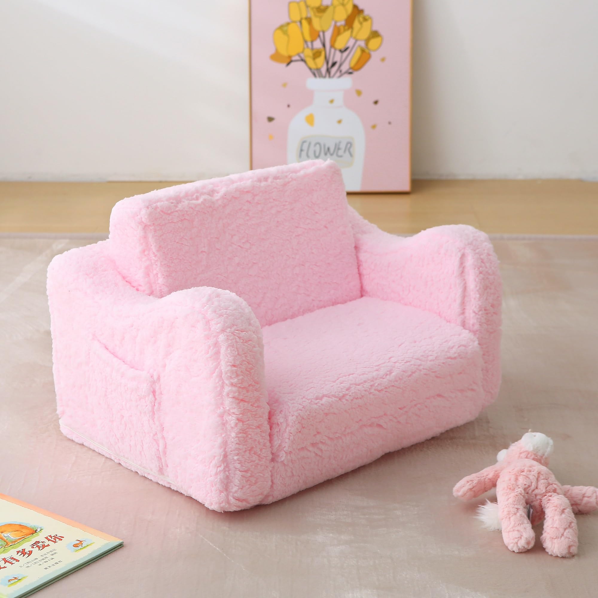 Sofá infantil para niños pequeños, sofá 2 en 1 de sherpa suave para bebés de 1 a 3 años de edad, plegable, sofá convertible para niñas y niños (rosa) 5