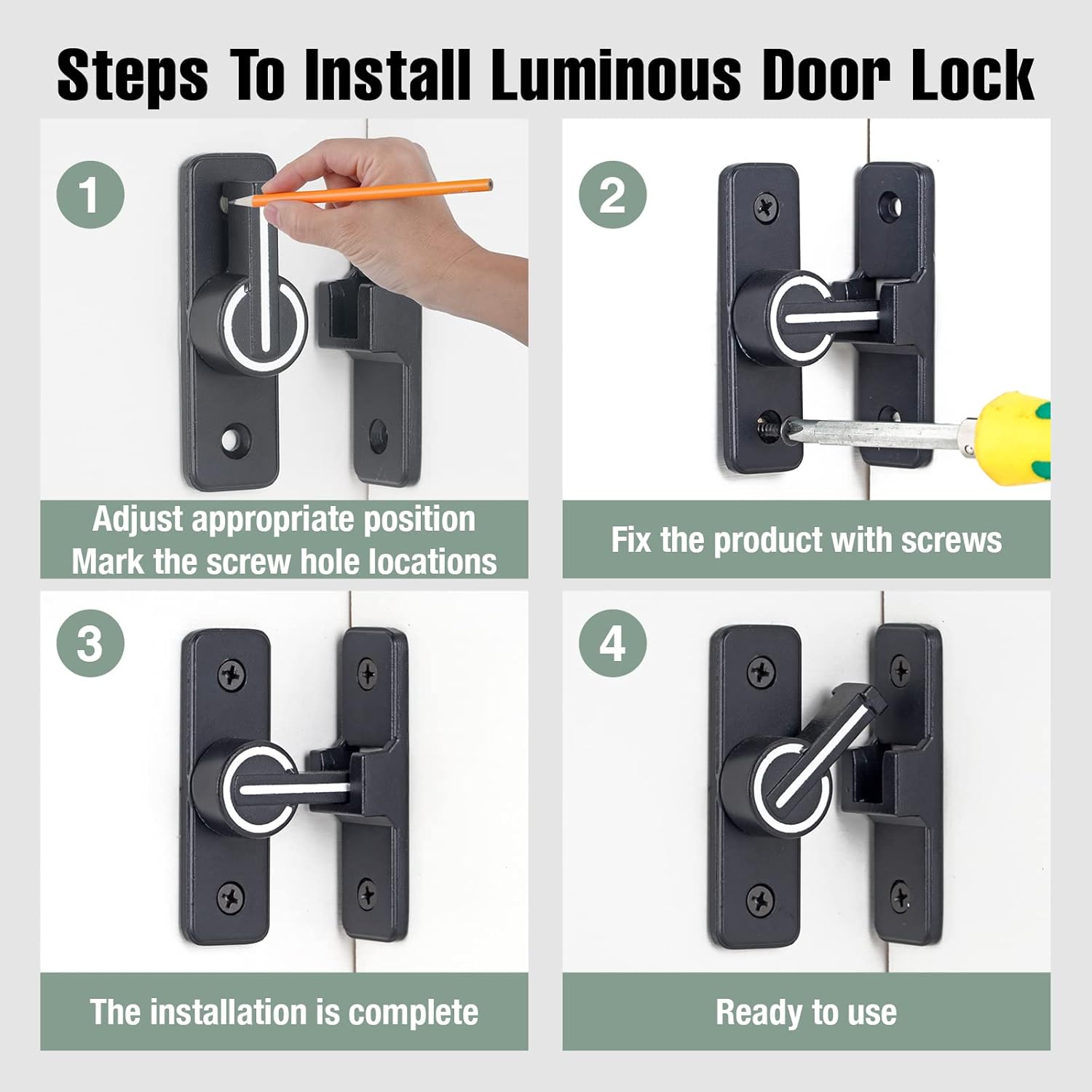 2 Pack Barn Door Lock Hardware, 90 Degree Heavy Duty Thickened Flip Door Latches, Right Angle Gate Latch for Garden, Yard, Bathroom, Garage, Outdoor (Luminous-Black)