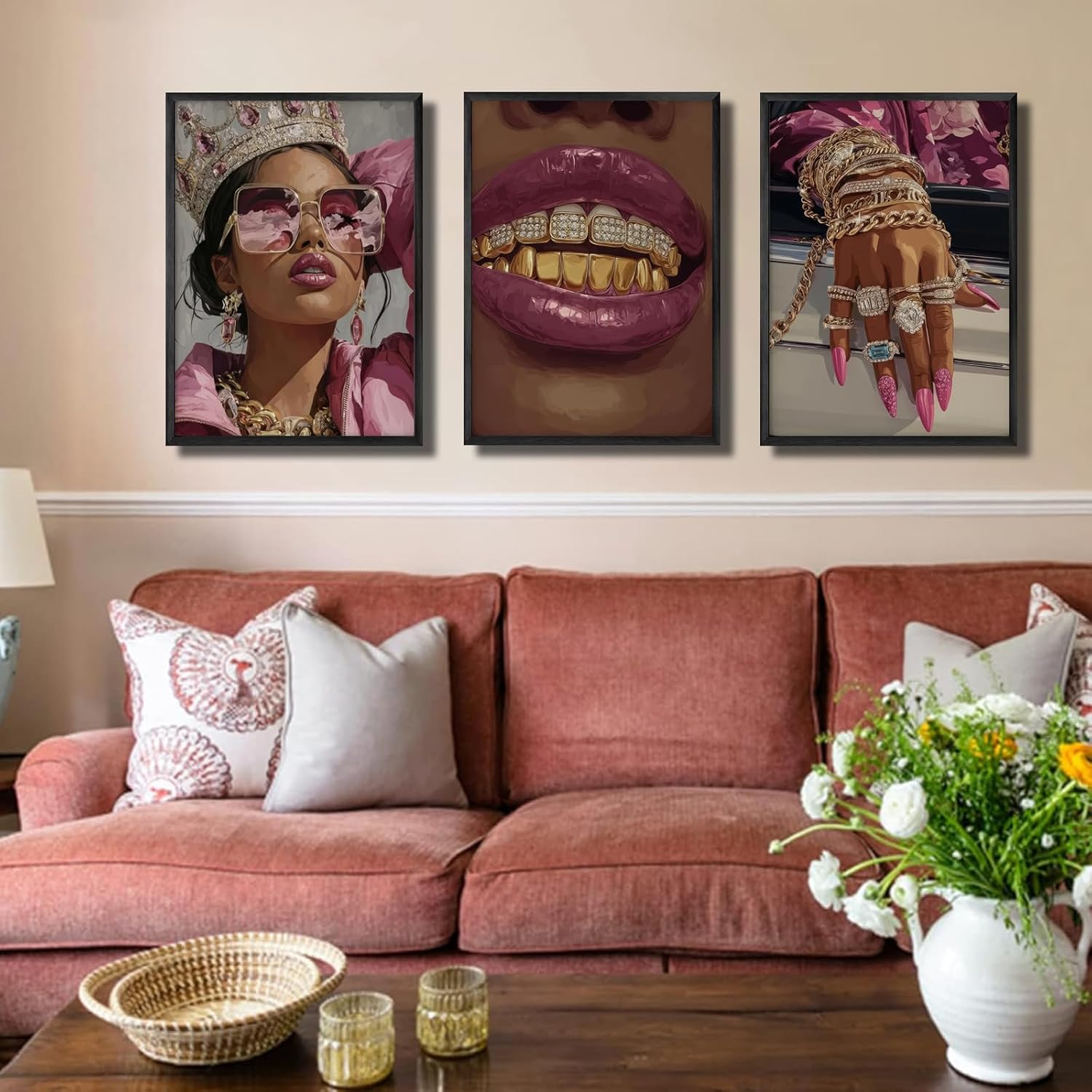 3 Pcs Unframed Pink Black Girl Wall Art Luxury African American Wall Decor Pictures Modern Fashion Woman Room Canvas Poster Prints for Home Bedroom Living Bathroom Decorations