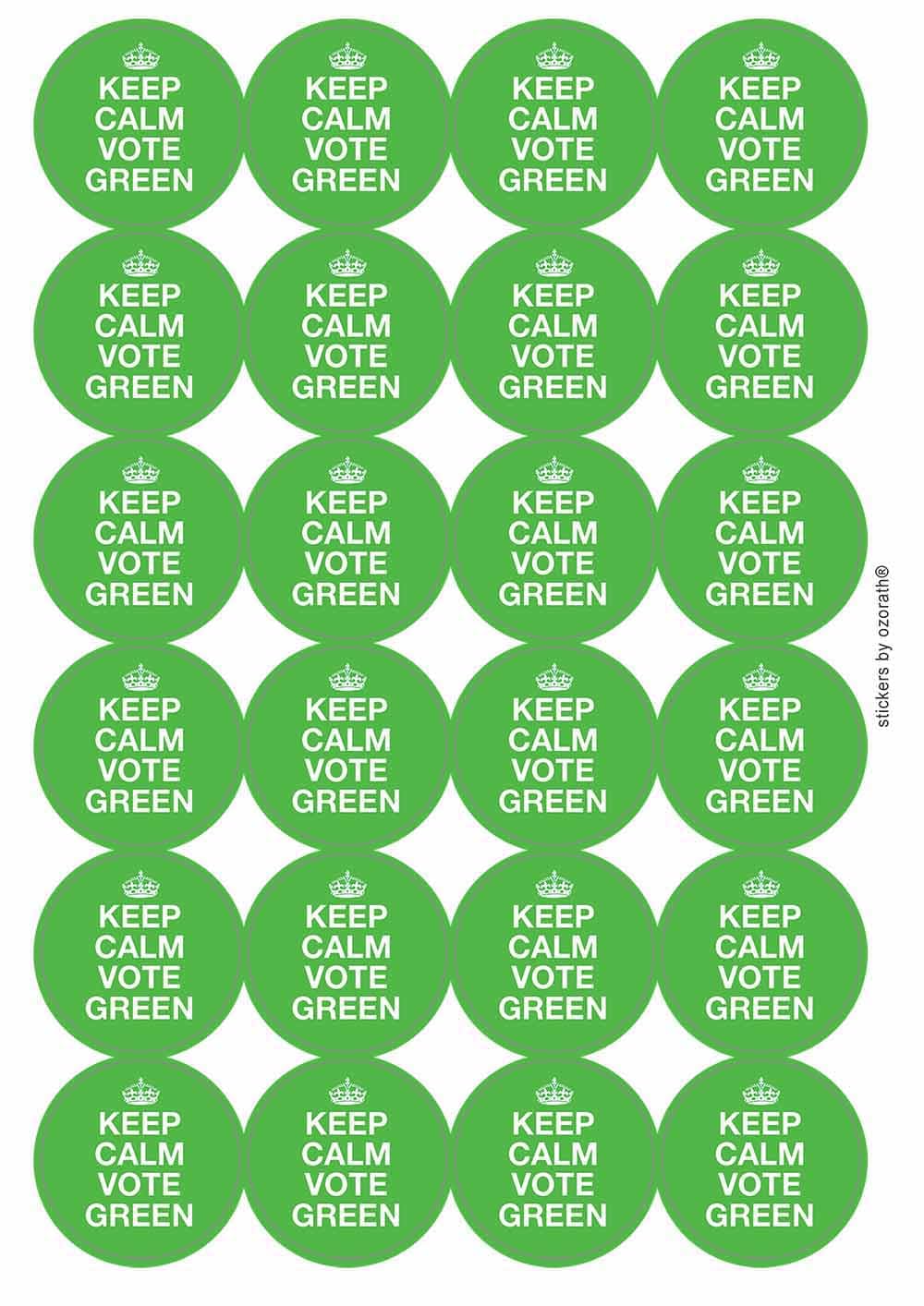 Keep Calm Vote Green Environmental Circular Matt Paper Stickers A4 Sheet of 24 (Each Sticker is 45mm Diameter)