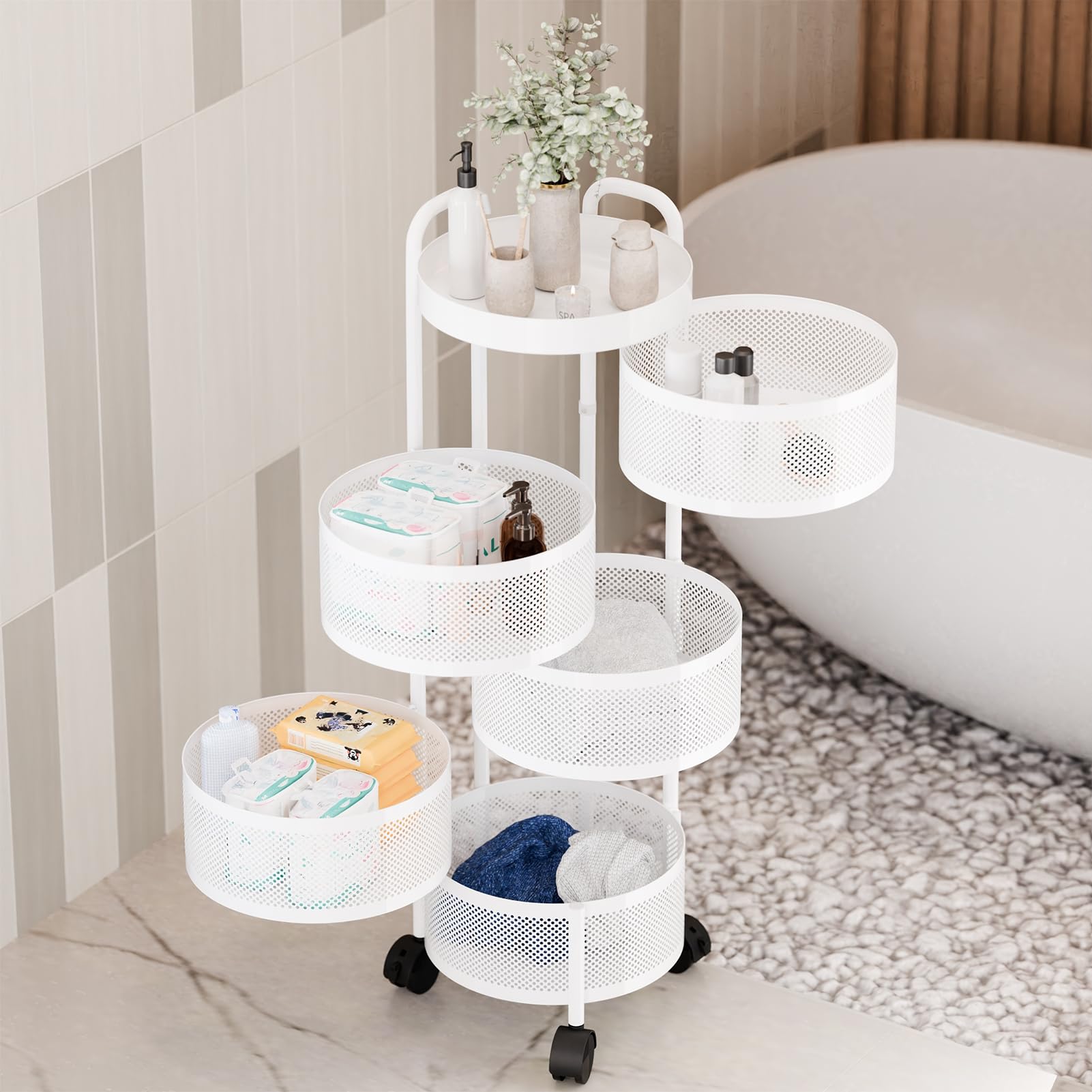 Carrito de almacenamiento de cocina, cesta giratoria circular de 5 niveles, estante de almacenamiento grande con ruedas de 360 grados, estante de frutas y verduras, carrito móvil
