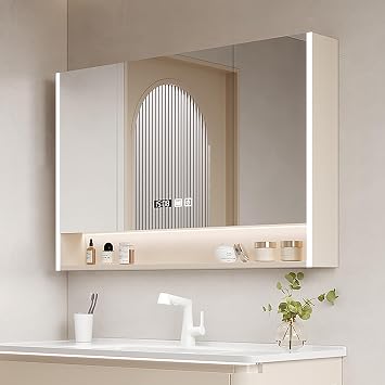 Bathroom medicine cabinet mirror, bathroom mirror cabinet, led medicine cabinet, Solid wood lighted medicine cabinet, Defog, Stepless Dimming, Color Temper Change, bathroom vanity mirror cabinetBeige