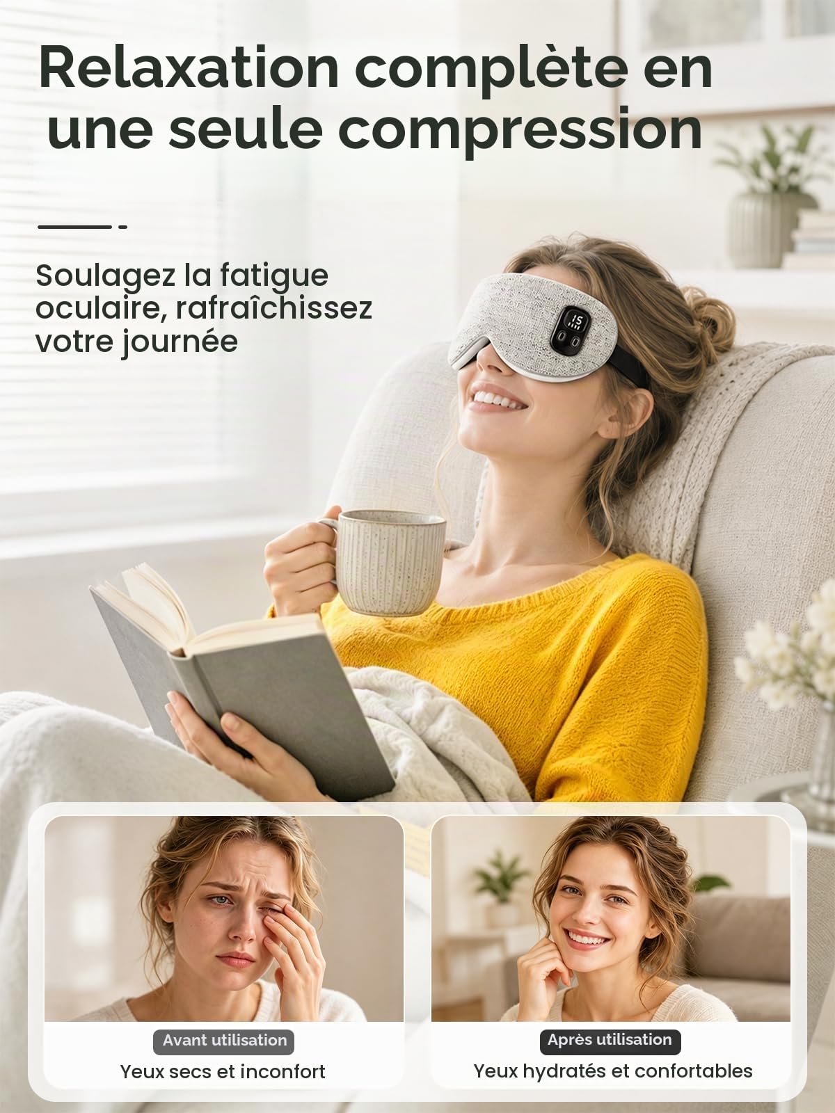 EASICUTI Masque chauffant pour les yeux - Compresse chaude sans fil pour la | Stye Treatment - Soulagement des yeux - Améliore le sommeil - 4 niveaux de température et minuterie - Coussin chauffant