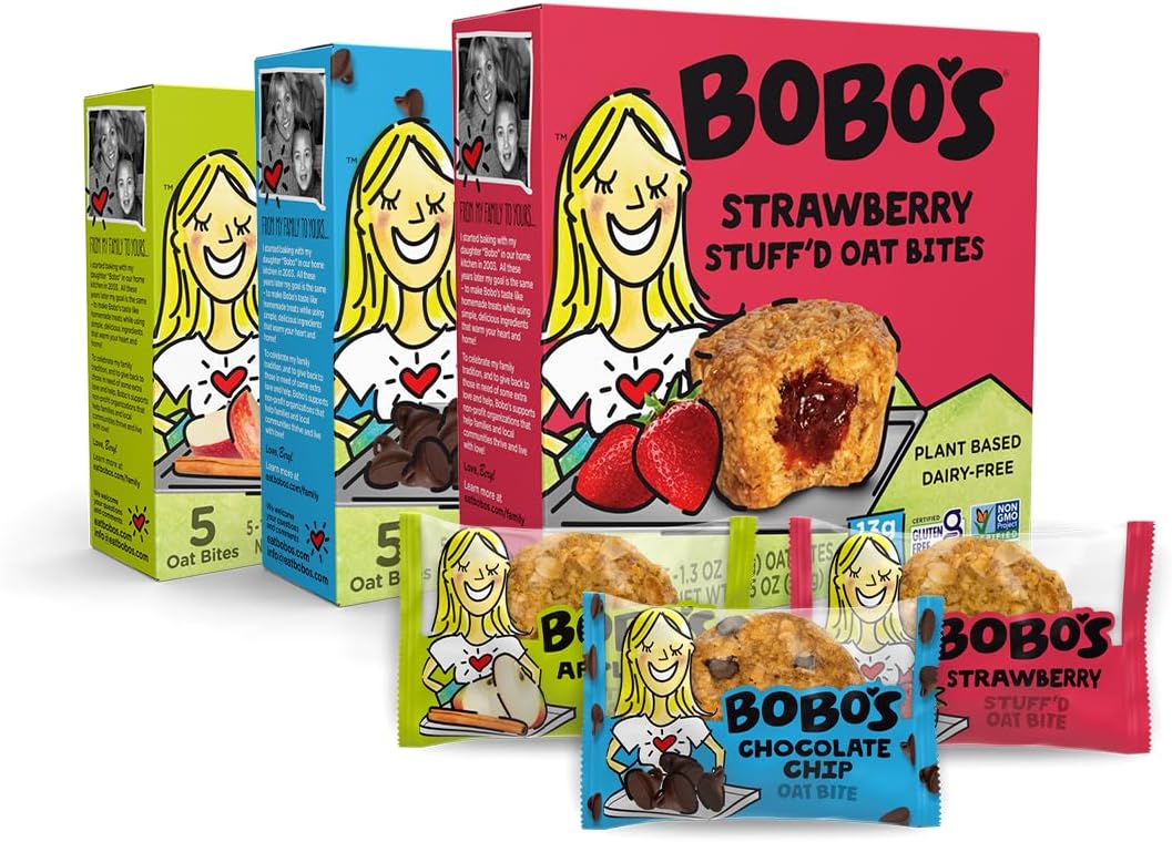 Bobo's Oat Bites Stuff'd Variety Pack (Strawberry, Original Chocolate Chip, and Apple Pie), Pack of 30 (1.3 oz Bites), Gluten Free Whole Grain Rolled Oats