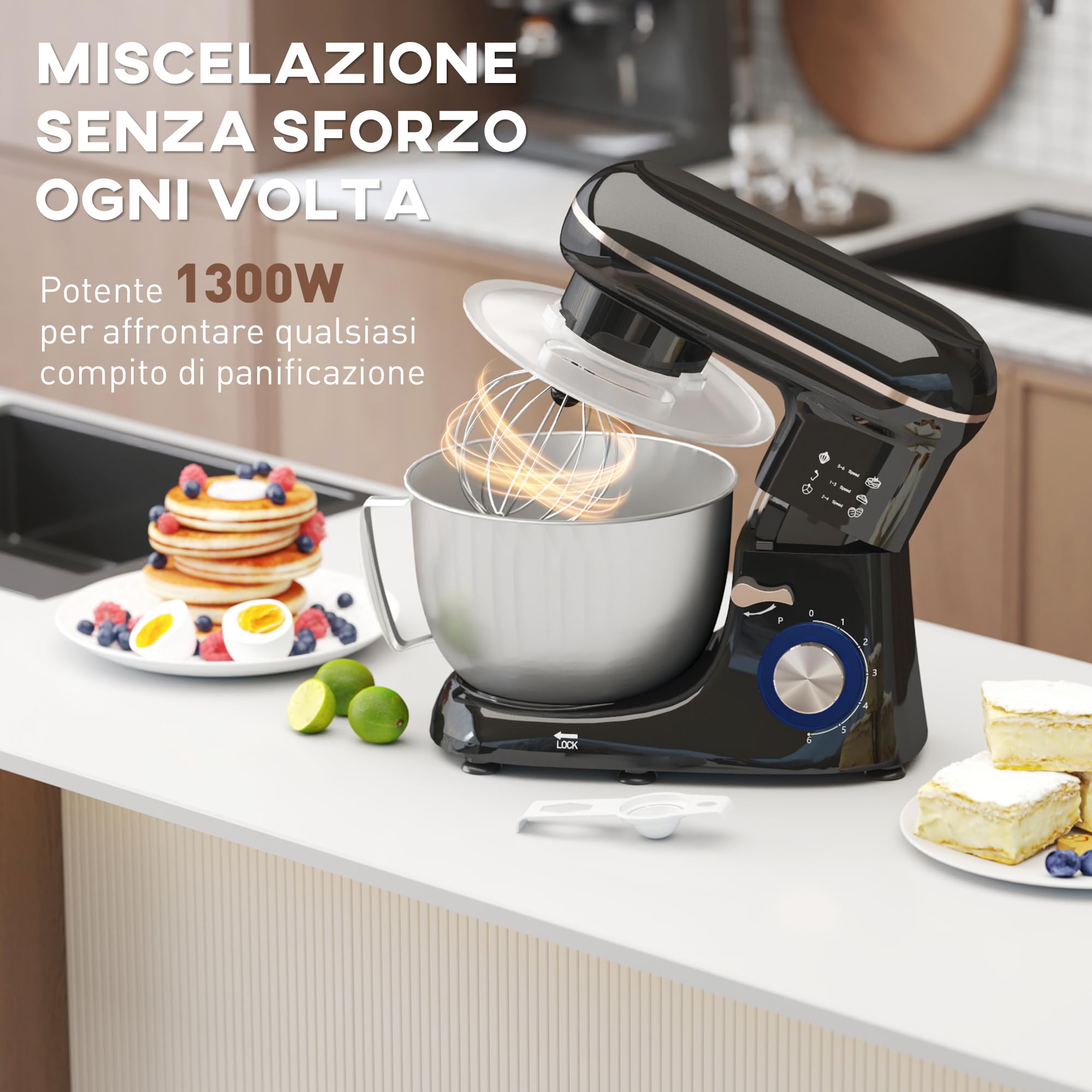 HOMCOM Impastatrice Planetaria 4.5L 6 Velocità con Frusta e Gancio