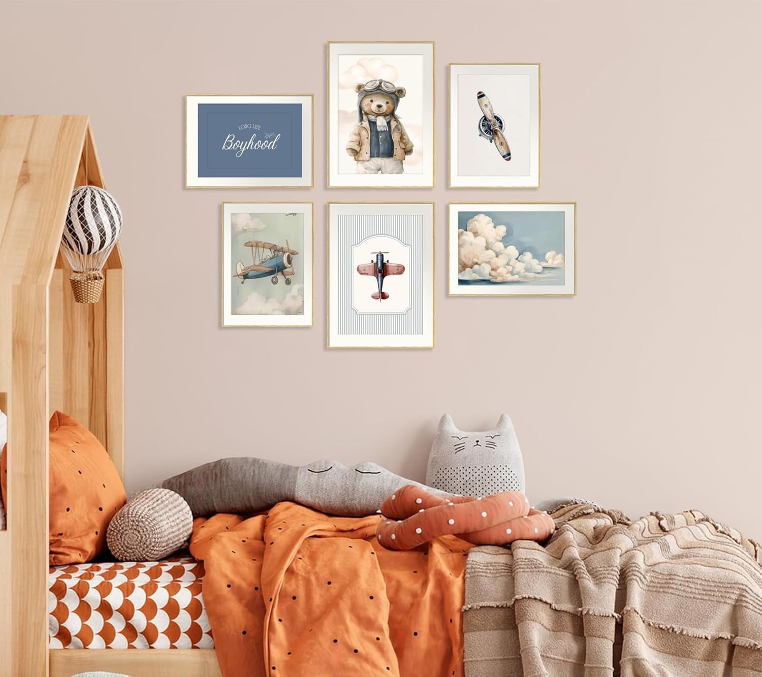 6Pcs Vintage Teddy Bear Nursery Canvas Wall Art Funny Navy Blue Bear Posters Print Artwork Airplane Aviation Painting Pictures Wall Decor for Playroom Kids Room Home Decoration 12x16in Unframed