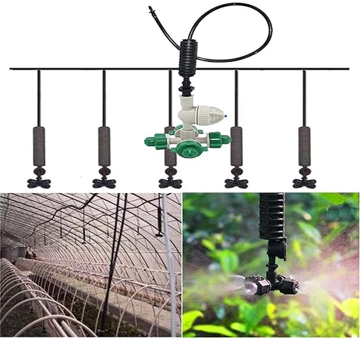 DIY Crafts Fit at Any Place Fan Watering Irrigation Sprayers Outdoor Cooling Gardening System Misting PE Fan Rings Mist Nozzle Lawn Veranda (9 Pcs Mist Kit, Included Pipe+Faucet Connector+Accessory)