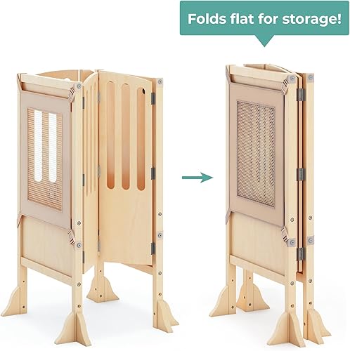 Miniatura 4 de Guidecraft Taburete contemporáneo Kitchen Helper - Natural torre de seguridad plegable para niños pequeños con 2 guardianes y tapete antideslizante