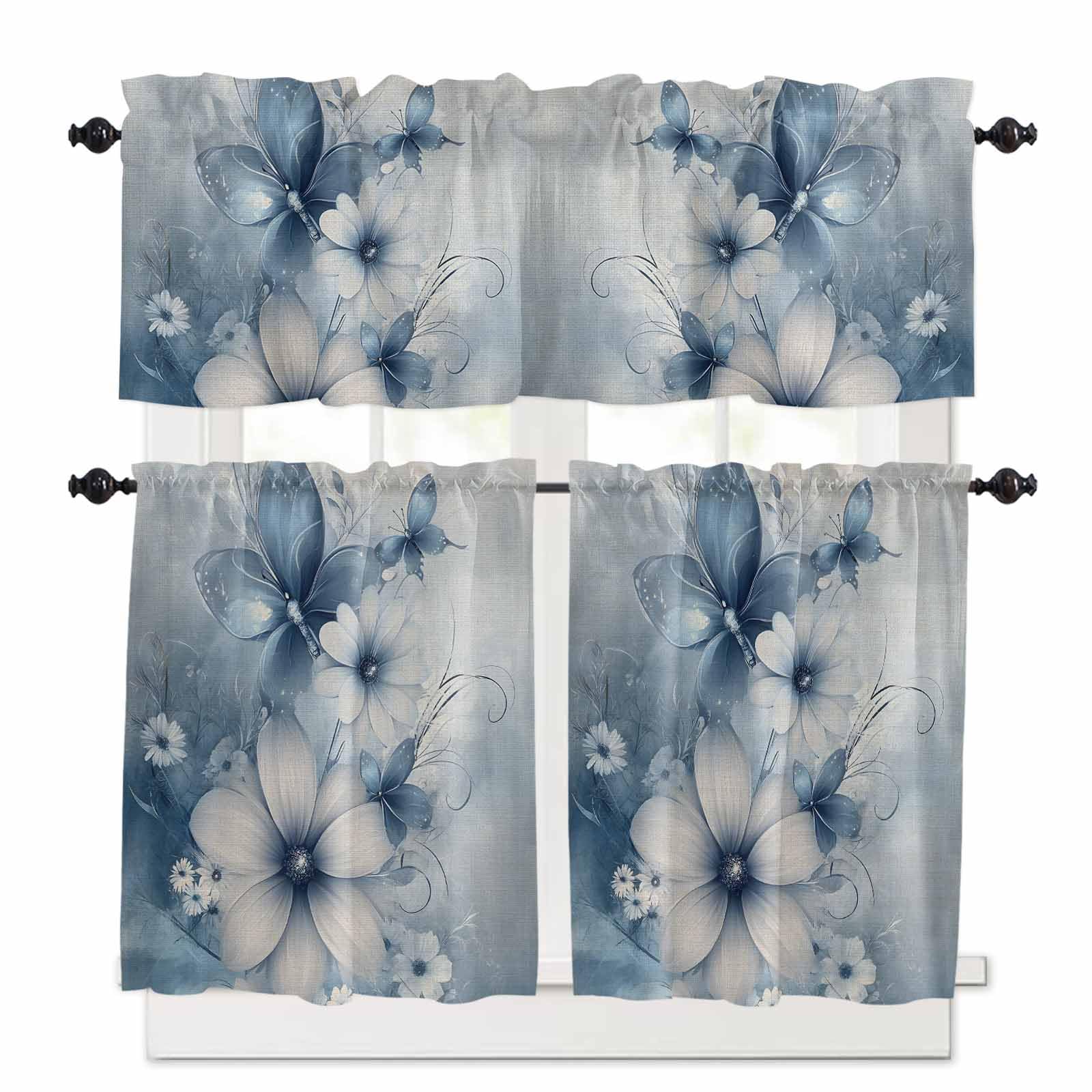 Blue White Daisy Kitchen Curtains 36 Inch Length, 3 Piece Rod Pocket Small Half Tiers and Valance Set, Vintage Elegant Butterfly Flowers Small Large Window Treatment Decor for Bedroom/Bathroom Sink