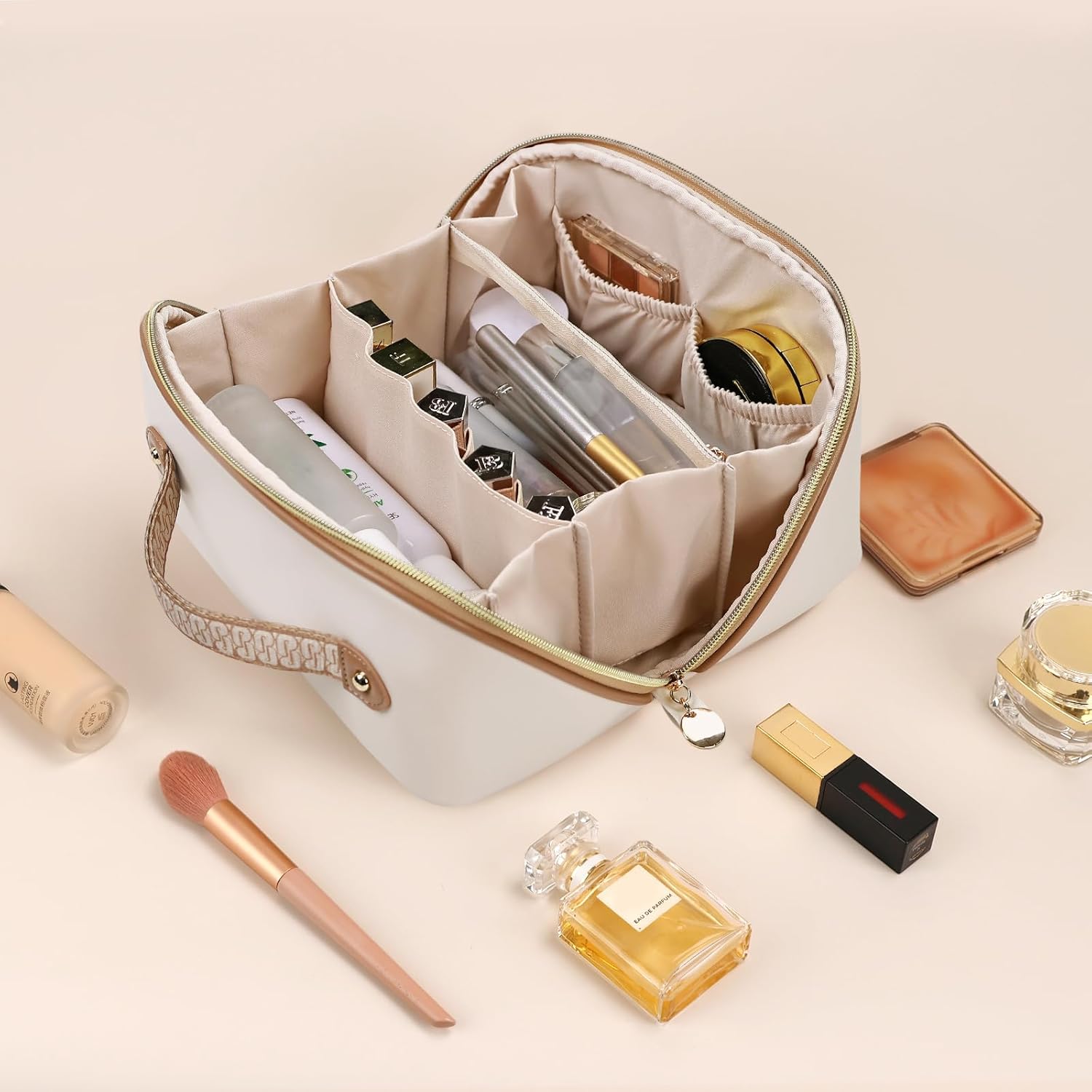 Prite Makeup Bag for Women Travel Waterproof Vegan Leather Cosmetic Bag Open Flat Toiletry Bag With Clear Divider and Handle (Beige, Large Pro)