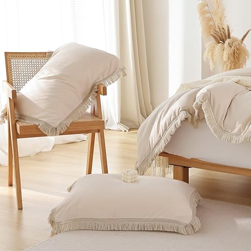 Miniatura 6 de Smoofy - Juego de edredón beige tamaño Queen, 3 piezas blanco hueso, microfibra suave, copetudo, con flecos, estético y lujoso, con borlas, para