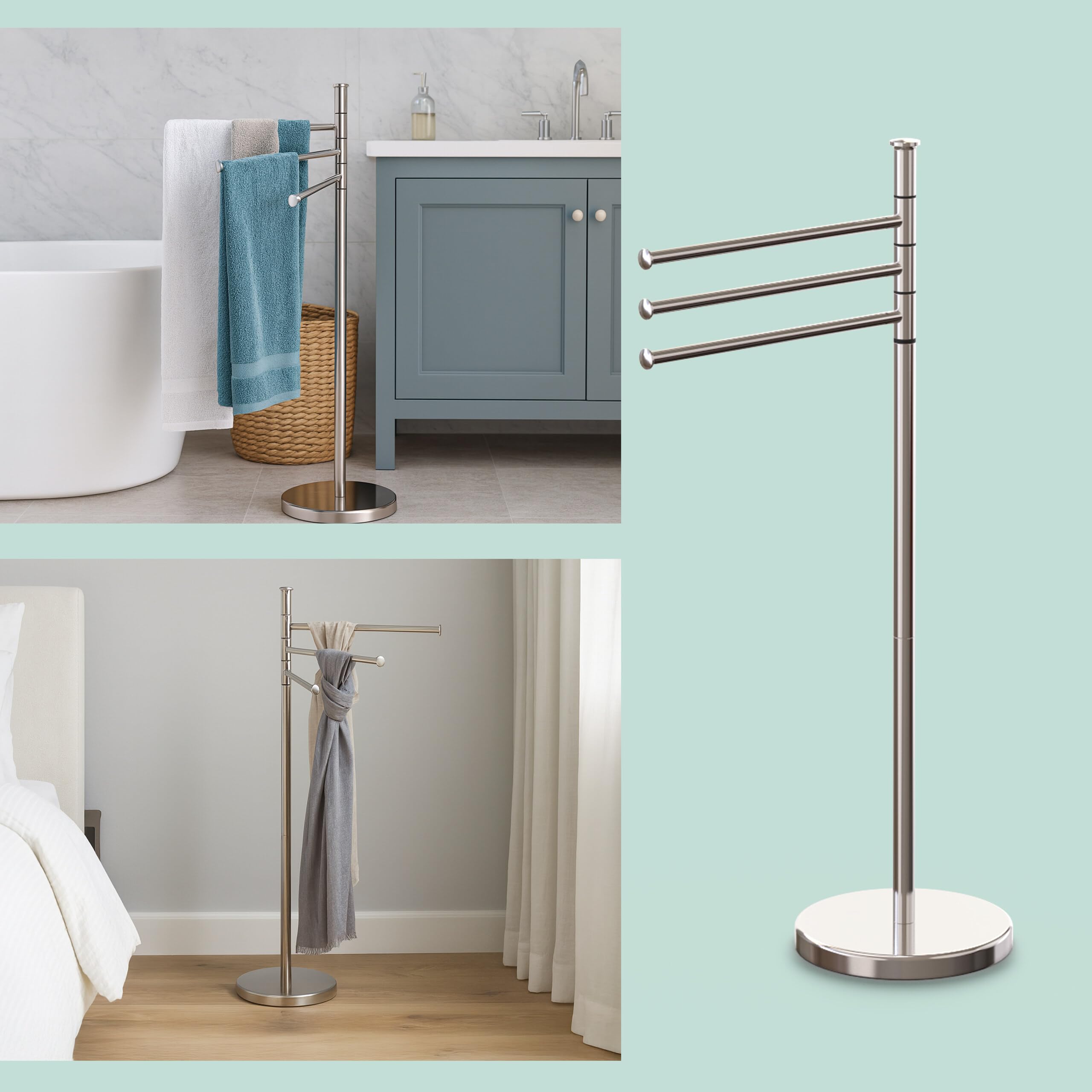 Relaxdays Toallero de Pie, 3 Brazos Giratorios, 85,5x42x22 cm, Soporte Toallas, Acero Inoxidable, Baño, Color a Elegir