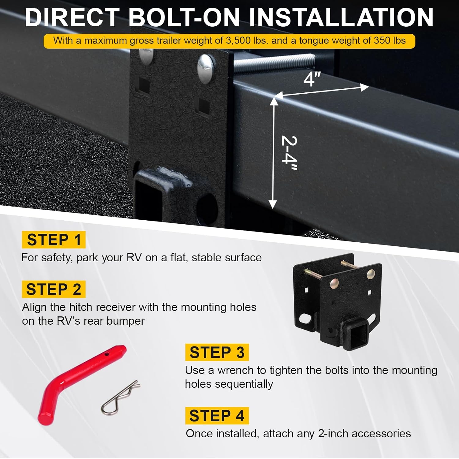 RV Bumper Hitch Receiver 2-Inch Adapter, 3500 LBS Capacity for 4 x 4-Inch Square Beam RV Rear Bumper, Bike Racks, Hitch Hammock, Cargo Carrier (Red)