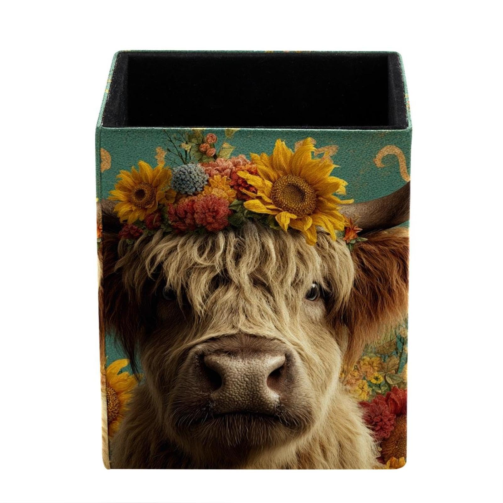 Watercolor Sunflower Yak Leather Pencil Holder: Multifunctional Desk Organizer Case for Office and Home, Aesthetic Rustic Retro Design Perfect for Teachers,Office Workers