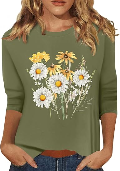 HTHLVMD Womens 3/4 Length Sleeve Tops 2025 Fall Fashion Floral Print Crewneck Causal Trendy Tunic Tops for Women