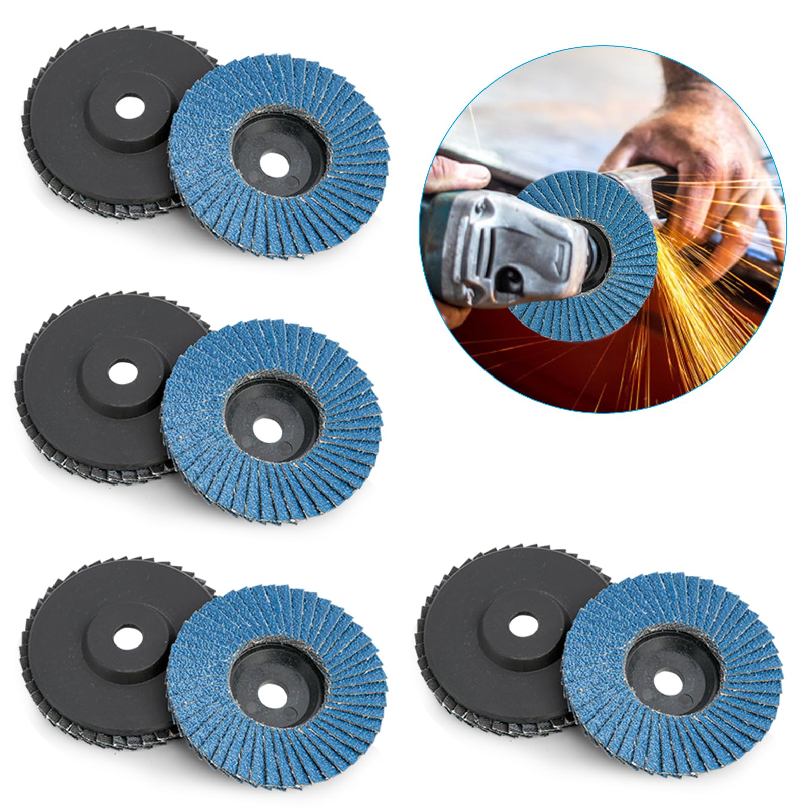 Set di 8 dischi lamellari Dischi lamellari per smerigliatrici angolari, Disco abrasivo Ø 76 mm x 10 mm, Dischi abrasivi di alta qualità in blu per metallo, legno e PVC, Adatto per smerigliatrici angol