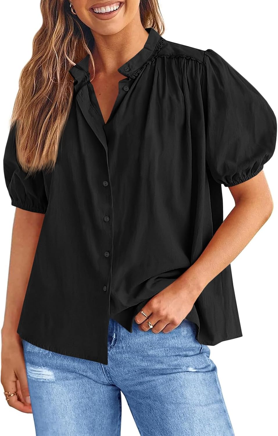 Tankaneo Womens Puff Sleeve Button Down Shirts Cotton Pleated Loose Fit Tops Summer Dressy Casual Blouses