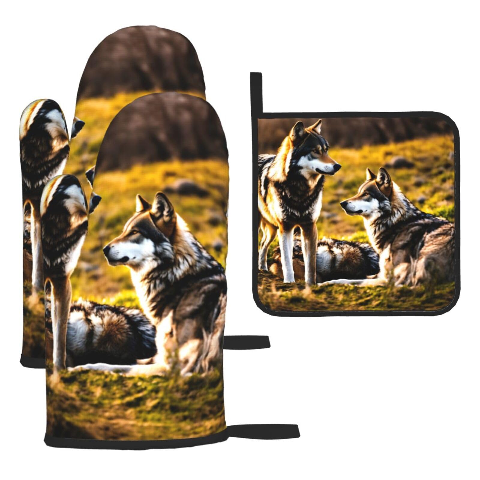 Wolfs Print Oven Kitchen Gloves For Baking Outdoor Grilling Home Use Mitts Microwaving Bbq