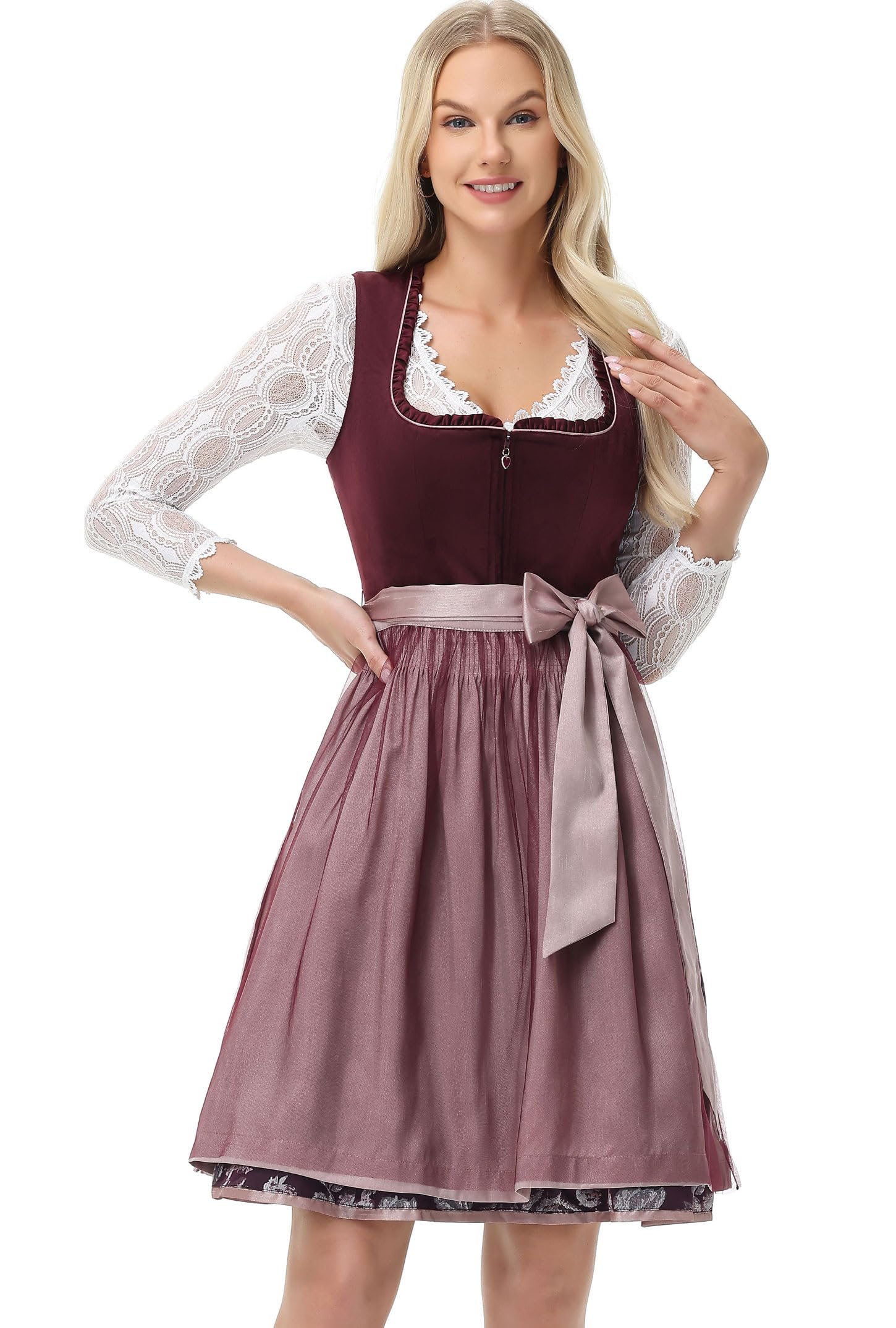 TrendiMax Damen Midi Dirndl - Elegante vestido tradicional tirolés de terciopelo para Oktoberfest con delantal tirolesa 34-46