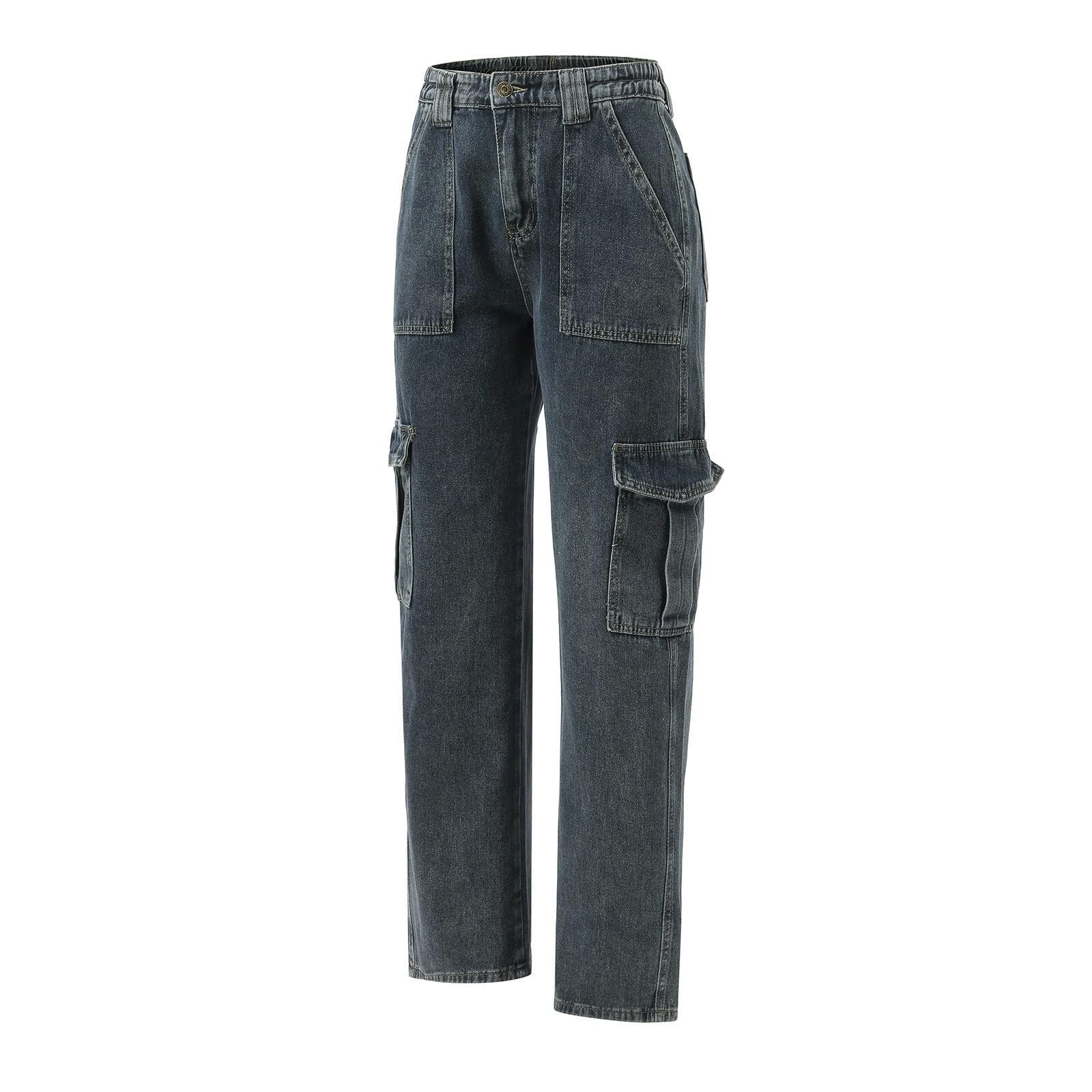 Damen Jeans Stretch Jeanshose Mit Hoher Taille Und Weitem Bein, Cargohose, Lange Hose Gerader Schnitt Gummibund Barrel Leg Mom Große Größen Flared Leggings Kurze Hüftjeans Extrem Tief