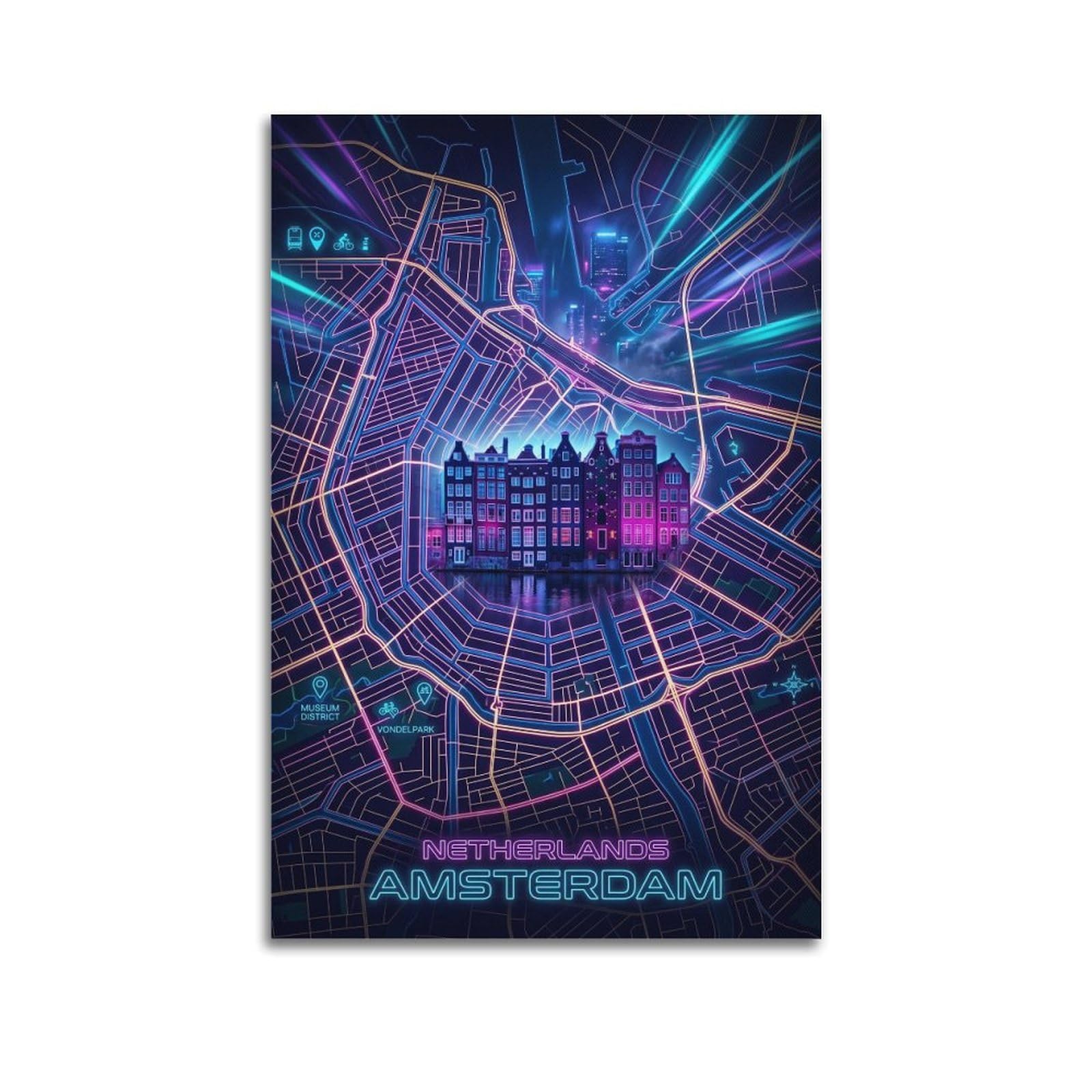 XKUGA Retro Cyber Amsterdam Canal Map Gaming Room Poster Modern Decorative Canvas Prints - Ideal Wall Art for Family, Man Cave, Game Room, Boys & Girls Bedroom 20x30inch(50x75cm)