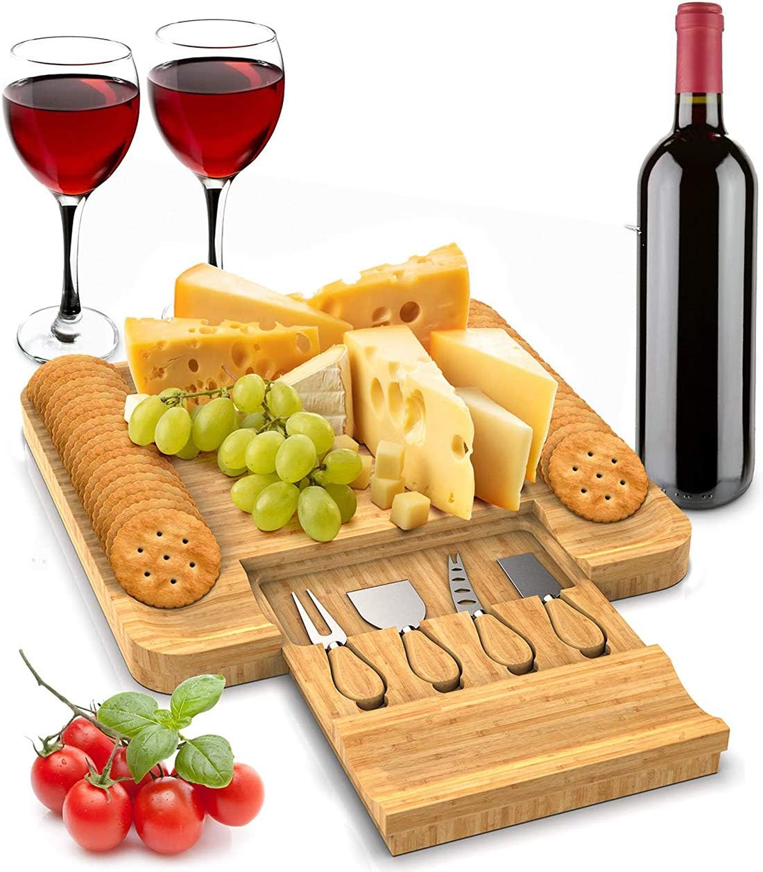 DELFINO Cheese Board Set, Meat and Cheese Tray With Cutlery In Slide-Out Drawer - Bamboo Charcuterie Platter for Crackers, Brie and Meat - Best Gift for Christmas, Valentine, Birthday