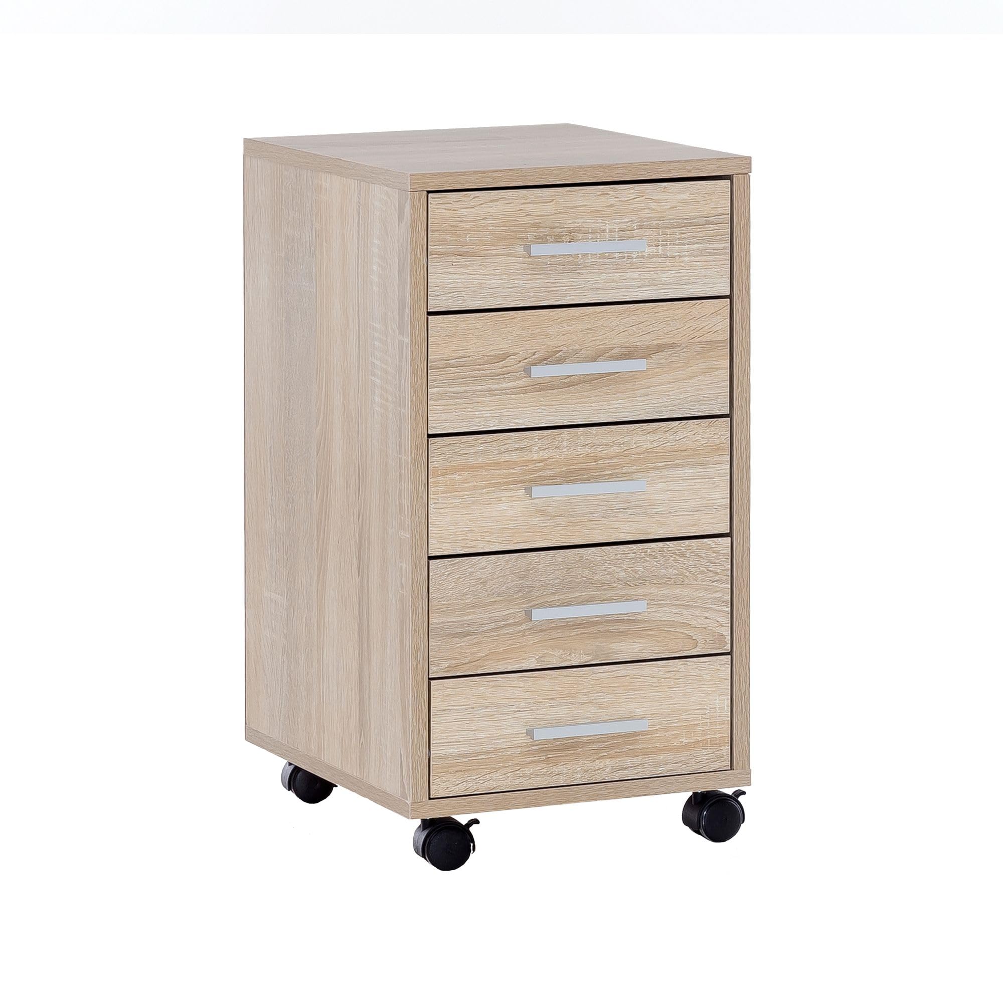 WOHNLING Kontenerek na Kółkach 33x38x63 cm Sonoma z 5 Szuflady | szafka z szufladami do biurko, kontenerek biurowy pasuje obok lub pod biurko, szafka na kółkach ze schowkiem