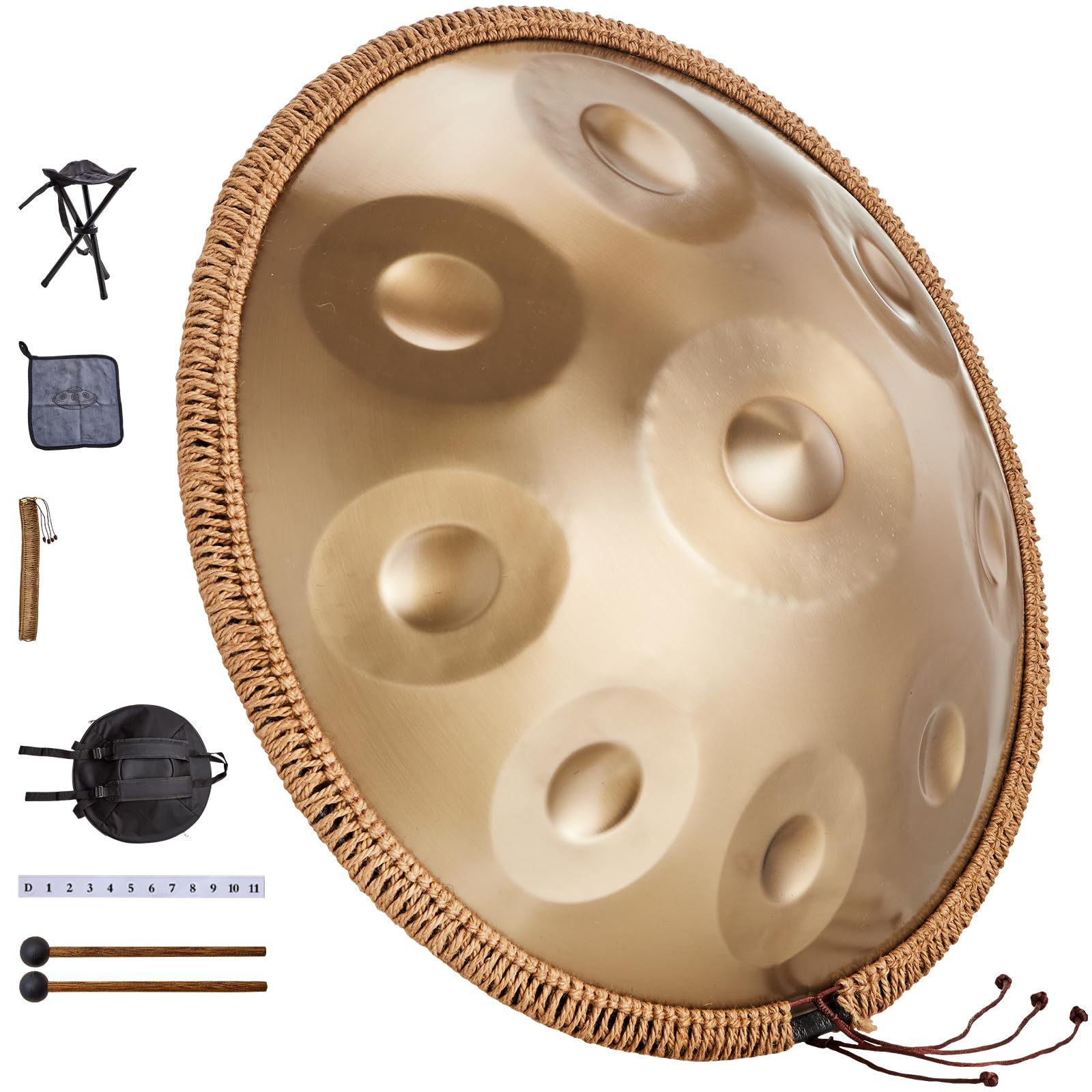 VEVOR Handpan, 55 cm, 9 Noten, D-Moll-Handtrommel, Drum-Instrument mit Schlägeln, 440-Hz-Handpan-Ständer & Tragetasche, Heilende Klangtrommel aus Stahl, Schlaginstrumente für Erwachsene & Anfänger