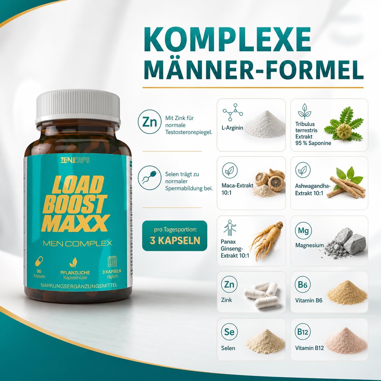 Load Boost Maxx Men Complex Kapseln – mit L-Arginin, Maca, Tribulus, Ashwagandha, Ginseng, Zink, Selen, Magnesium, B6 & B12 – 90 vegane Kapseln, 3 täglich