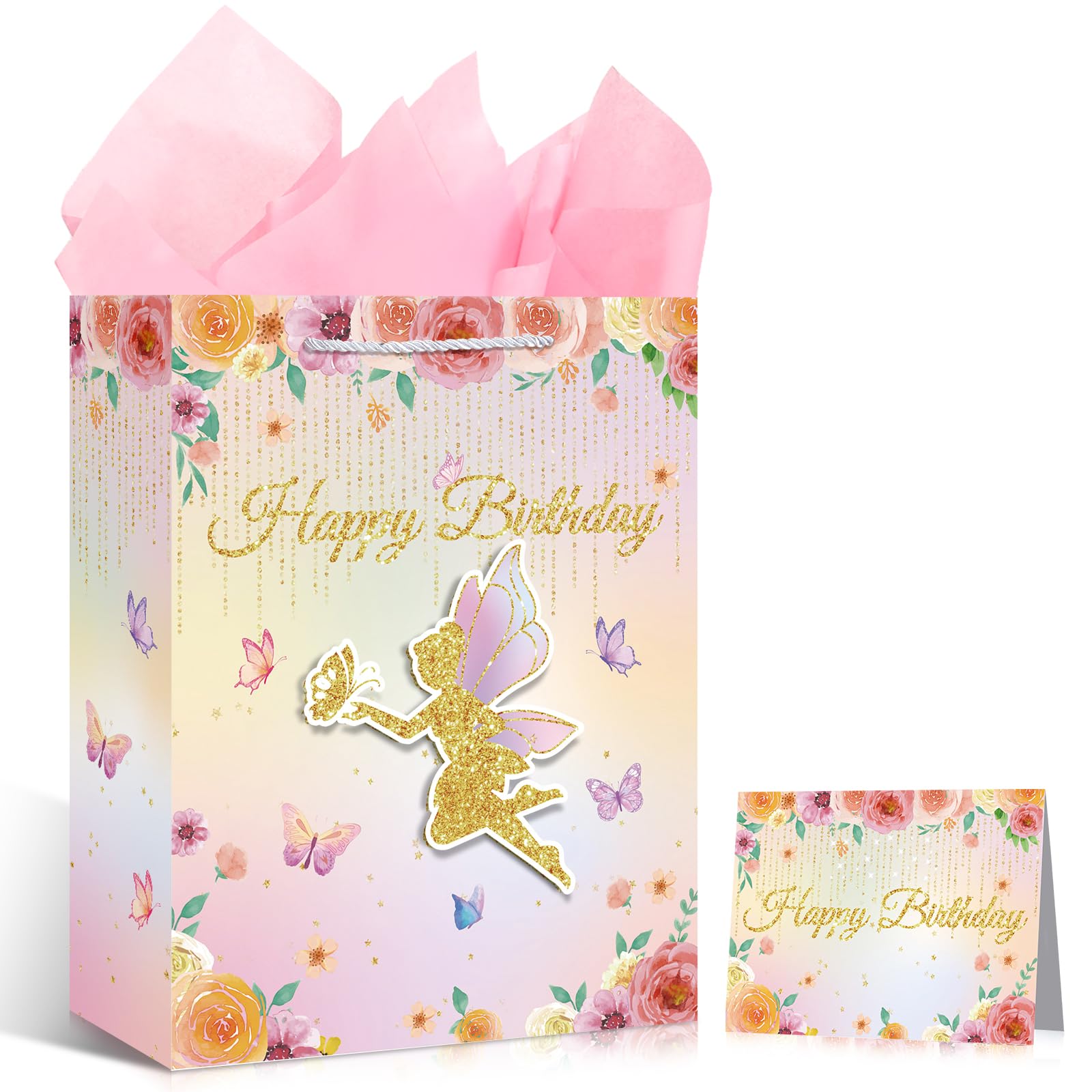 3D Floral Fairy Gift Bag for Girls - Pink Butterfly Flower Happy Birthday Bag with Wrapping Paper and Card for Baby Shower Decorations