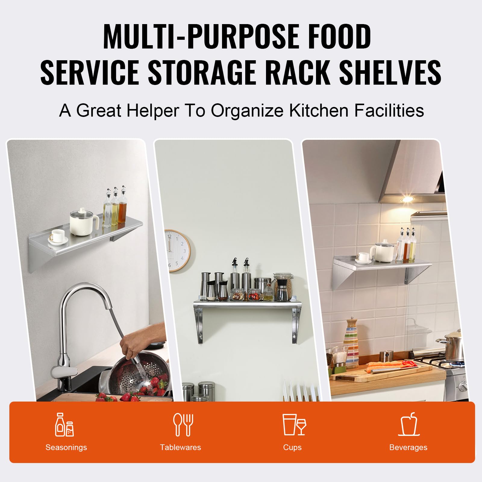VEVOR Mensola da Parete in Acciaio Inox 915 x 305 x 63 mm Scaffale Murale per Cucina Bagno Soggiorno Capacità Carico Max. 113kg, Mensola da Parete Portaoggetti Portaspezie in Acciaio Inox per Cucina