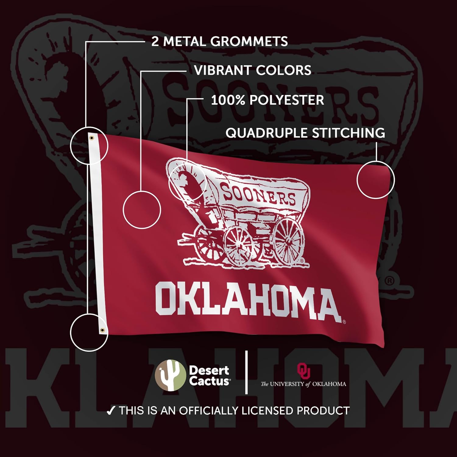 Desert Cactus University of Oklahoma UO Flag - 3 x 5 Feet Sooners Banner, Indoor/Outdoor Durable Fabric, 100% Polyester Design (Style G)