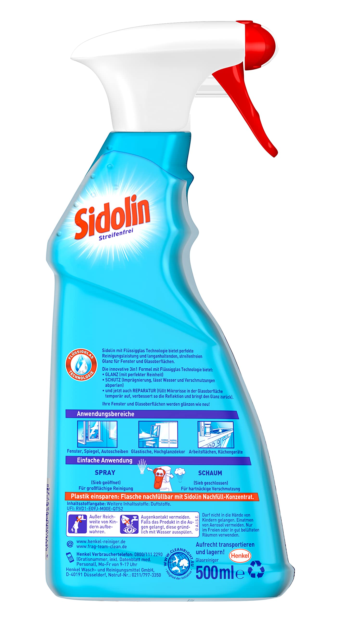 Sidolin Cristal - Detergente spray per vetri senza aloni, con effetto perlato, biodegradabile, in flacone spray da 500 ml