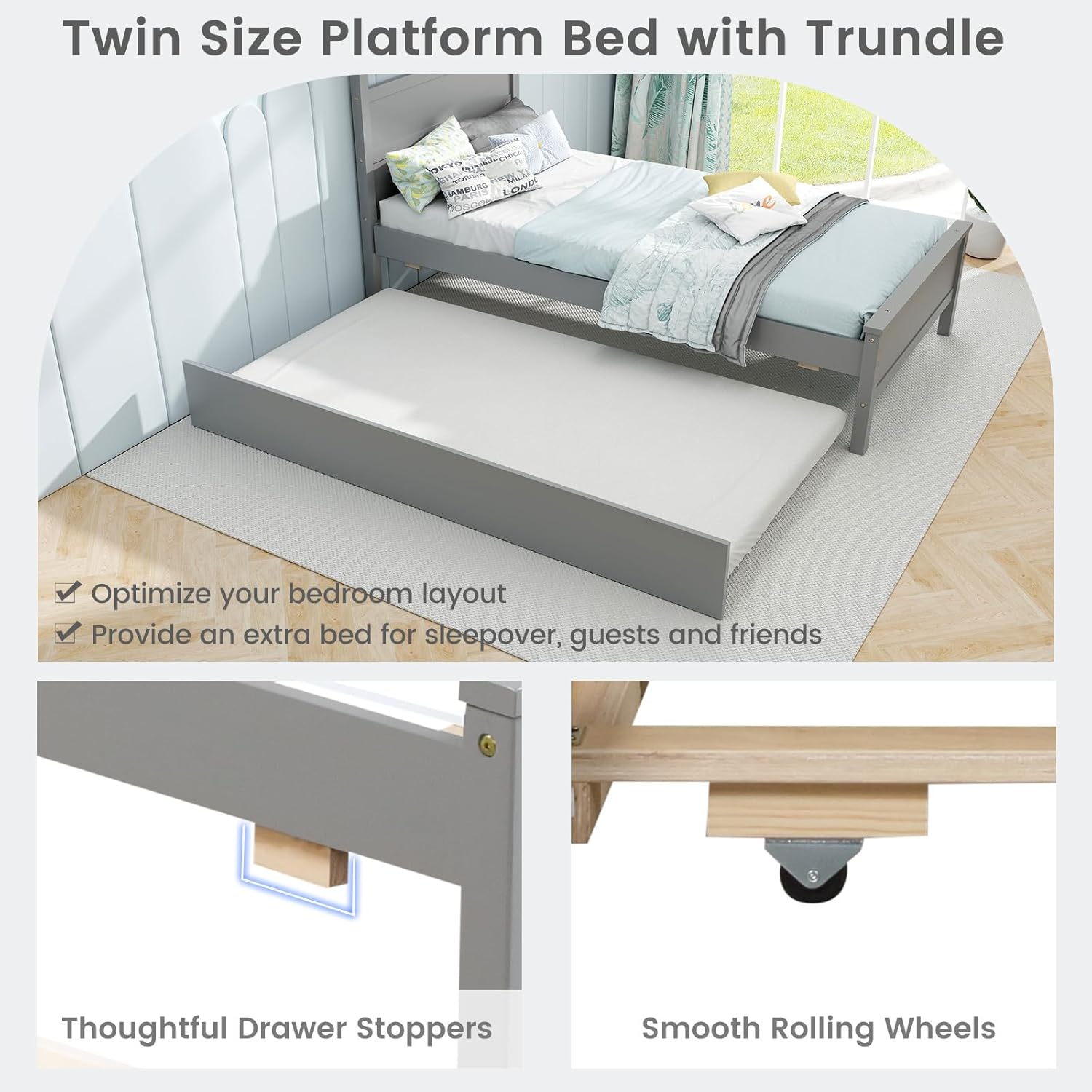 Giantex Trundle Bed Twin, Wood Day Bed Frame with Headboard & Footboard, Wooden Slats Support, Pull Out Bed, Twin Bed with Trundle for Kids Teens Adults, Grey
