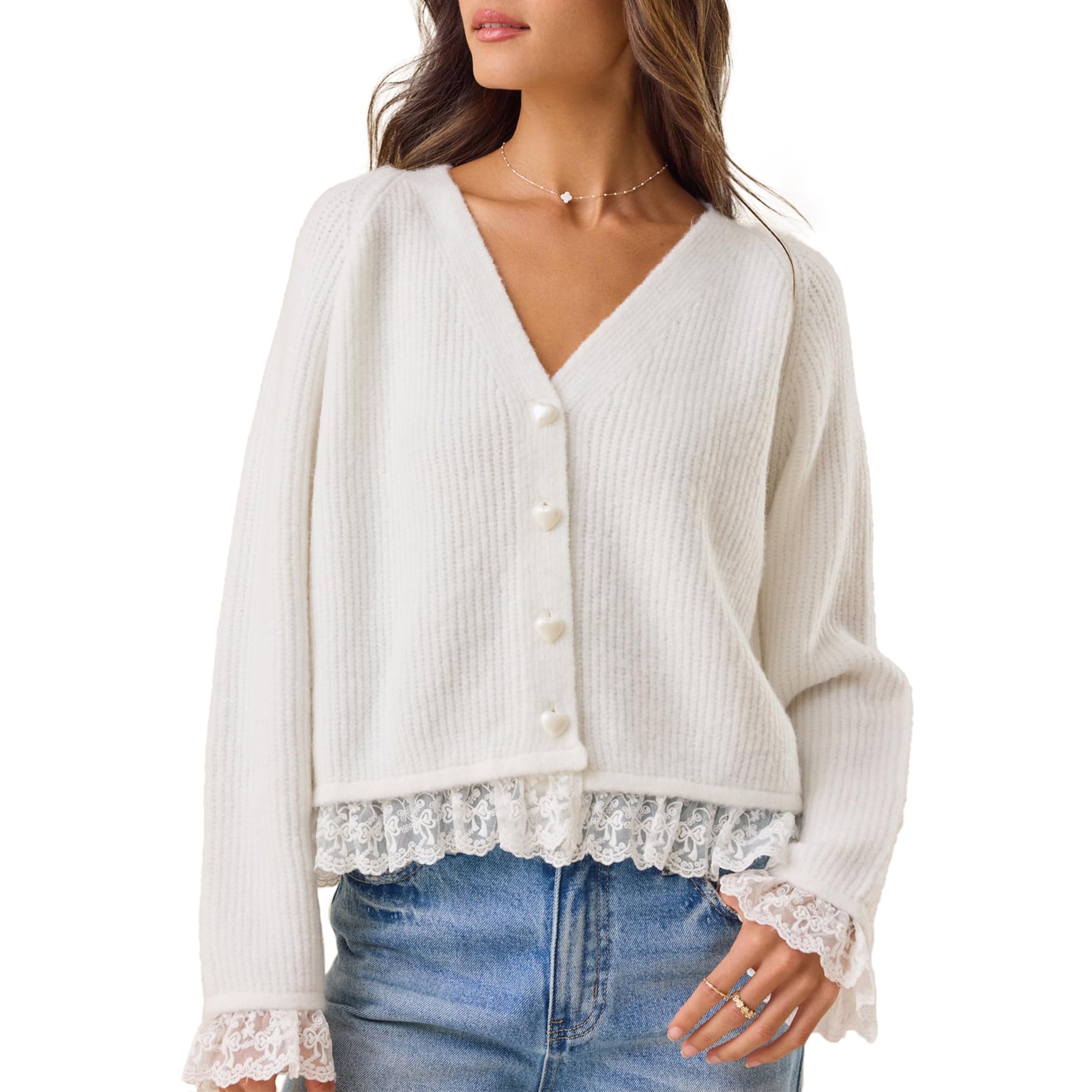Womens Cardigan Sweater Casual Long Sleeve V Neck Button Down Lace Trim Knit Tops Fall Elegant Open Front