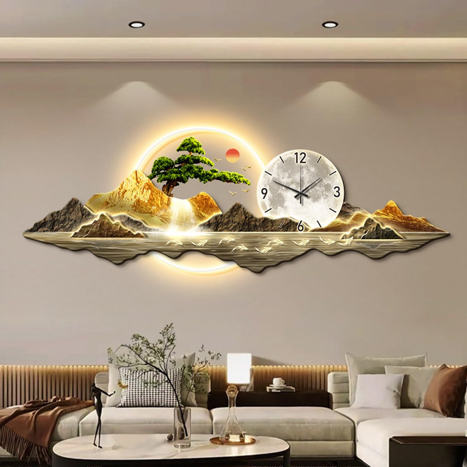 ITOSUI Large 3D Decorative Art Wall Clock,Creative Modern Artistic Painting Background Wall with LED Light,Silent Wall Clocks,Bedroom,Kitchen,Home,Dining Room(Gold,47.2 * 15.7")