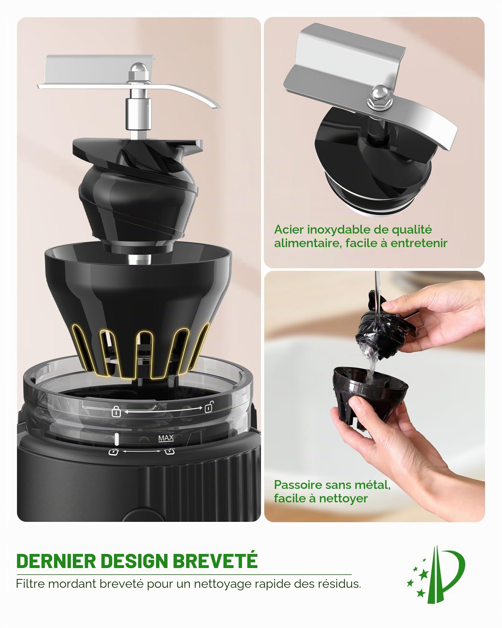 ACOQOOS Centrifugeuse Extracteur de Jus 200 W, Extracteur de Jus de Fruits et Légumes, Extracteur avec fonction de mastication inversée et 2 tasses, ouverture de 110 mm, noir