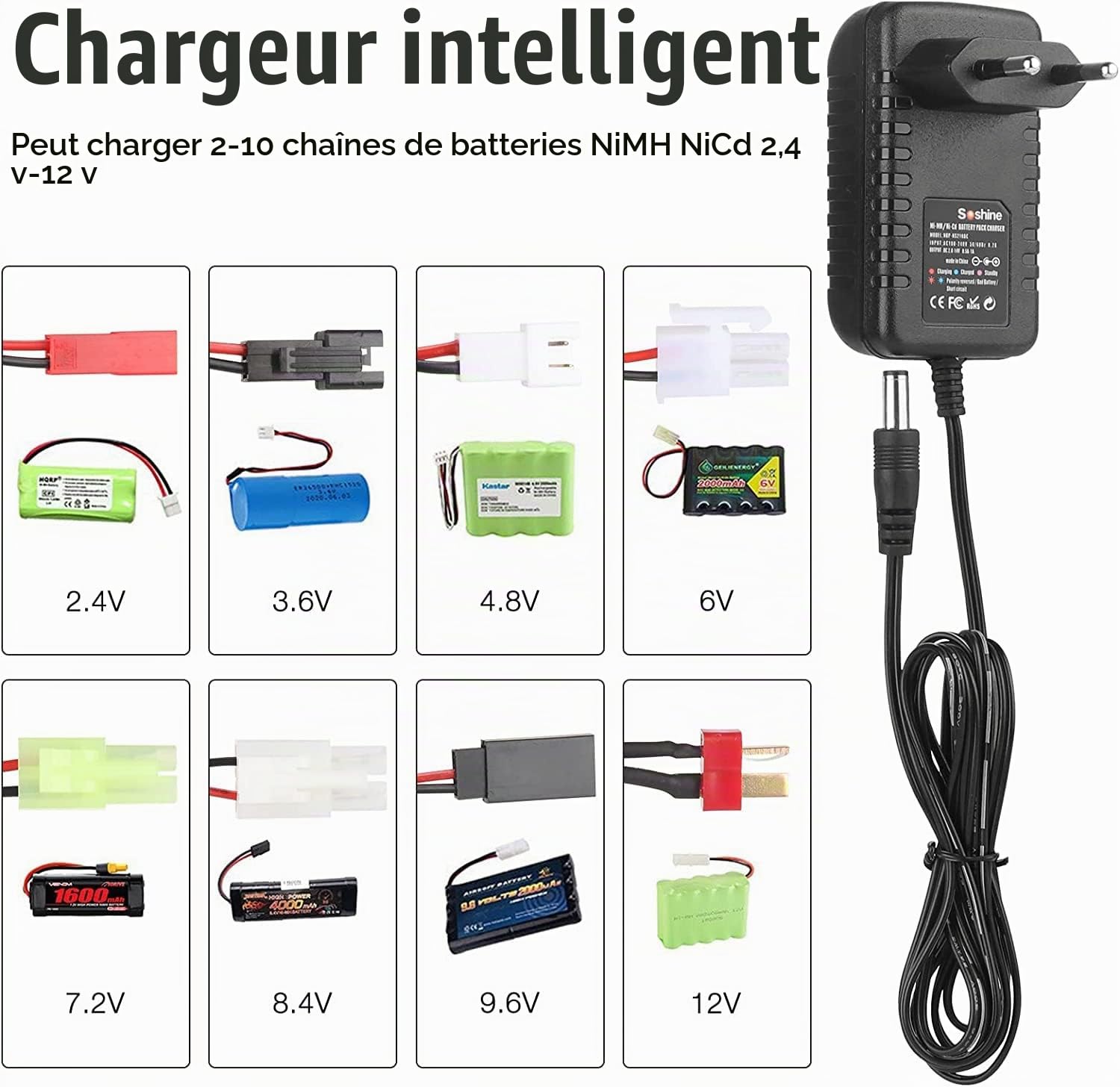 Aliwisdom Universel Chargeur Batterie RC pour 2.4V-12V (2S-10S) NIMH & NICD Batterie avec SM 2P, Tamiya/KET 2P, XH 2.54, Mini Tamiya, Huanqi, JST, Futaba/JR, T Plug Connecteur Câble pour Voiture RC