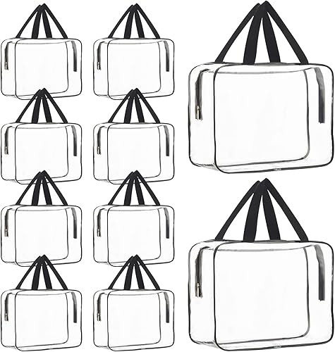 Paquete de 10 bolsas grandes transparentes para cosméticos con asa, bolsas de plástico de PVC con cremallera, bolsa de maquillaje transparente para