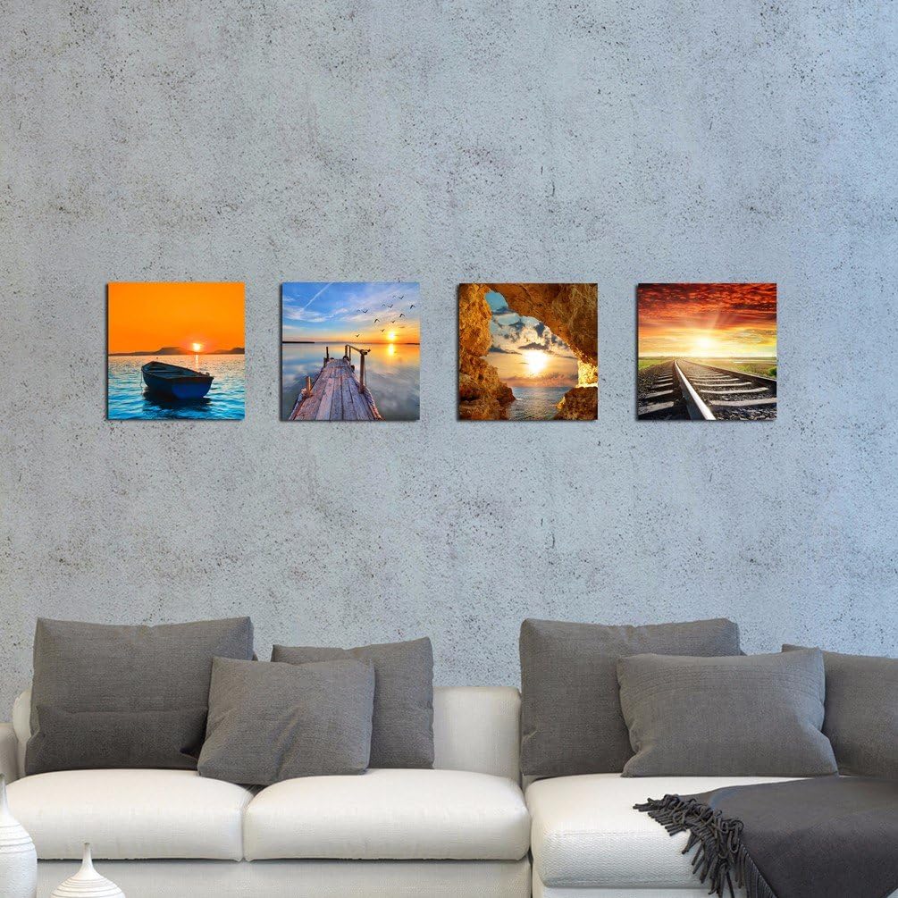 4Pcs 12x12 Canvas Wood Stretched Jetty Beach Sea Sunset Twilight Dusk Theme Pink Frame Landscape Abstract Modern Art For Home Room Office Wall Print Decor 12x12" inch (30x30cm)