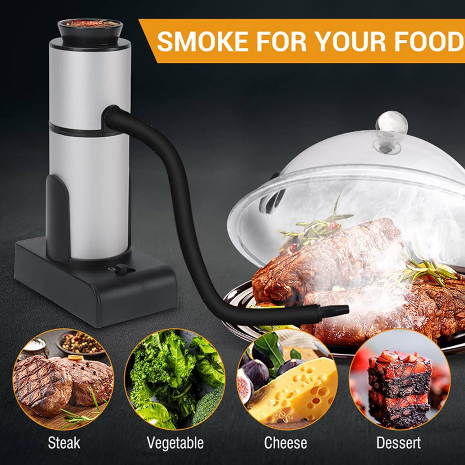 Gavigain Smoke Injector infusing smoke into various foods like steak, vegetables, cheese, and dessert