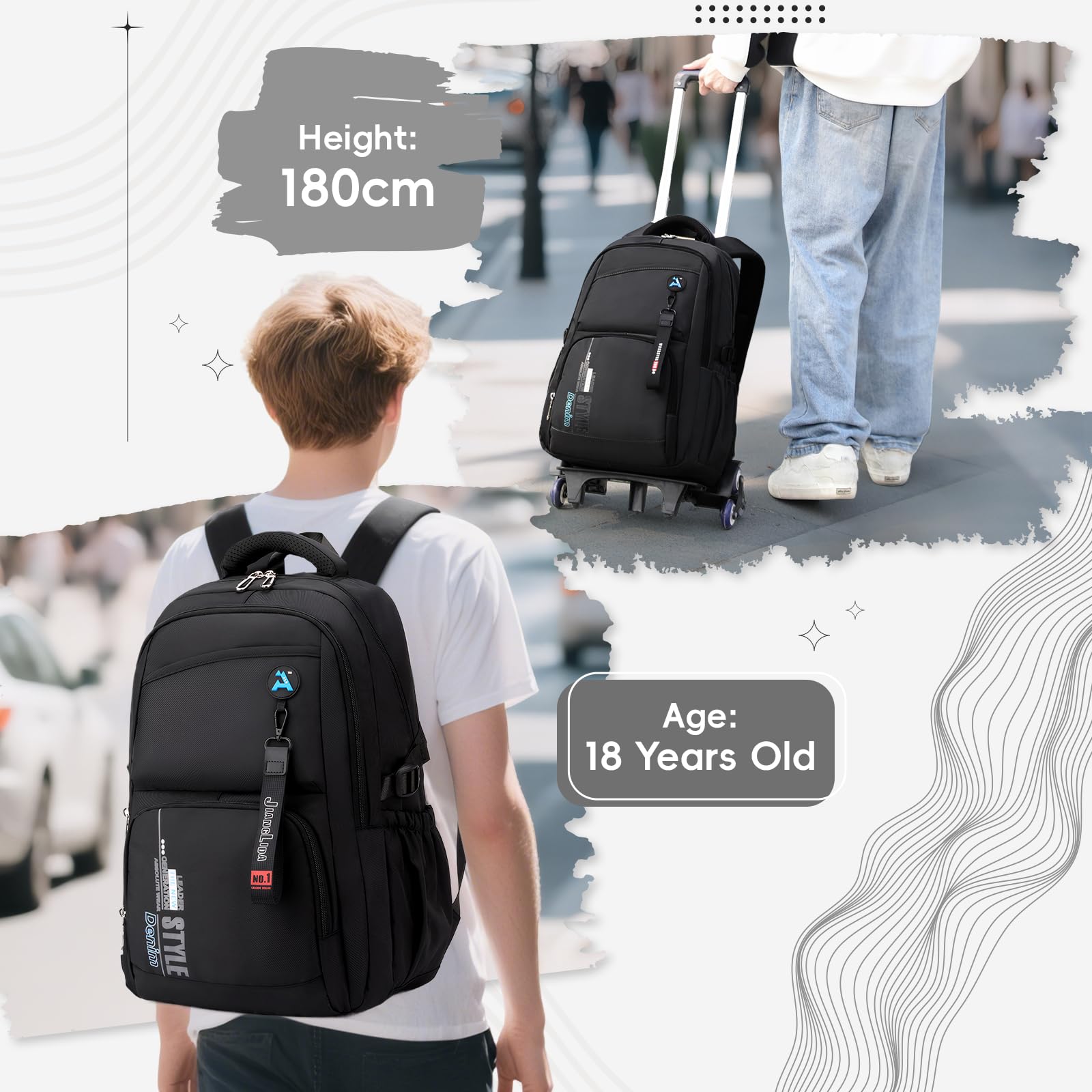 Tanou Mochila con Ruedas para Adolescente, Mochila Instituto Chico de 36 Litros Impermeable, Mochila Trolley Escolar Grande con Carrito Desmontable para Viaje