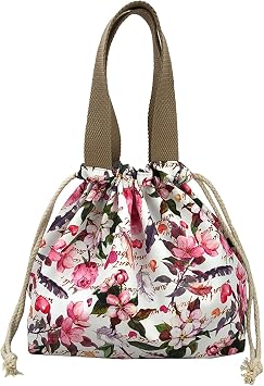 Mini Lunch Tote Pouch Reusable Small Cute Lunch Bag with Drawstring Suitable for Girls Women Flower Pink